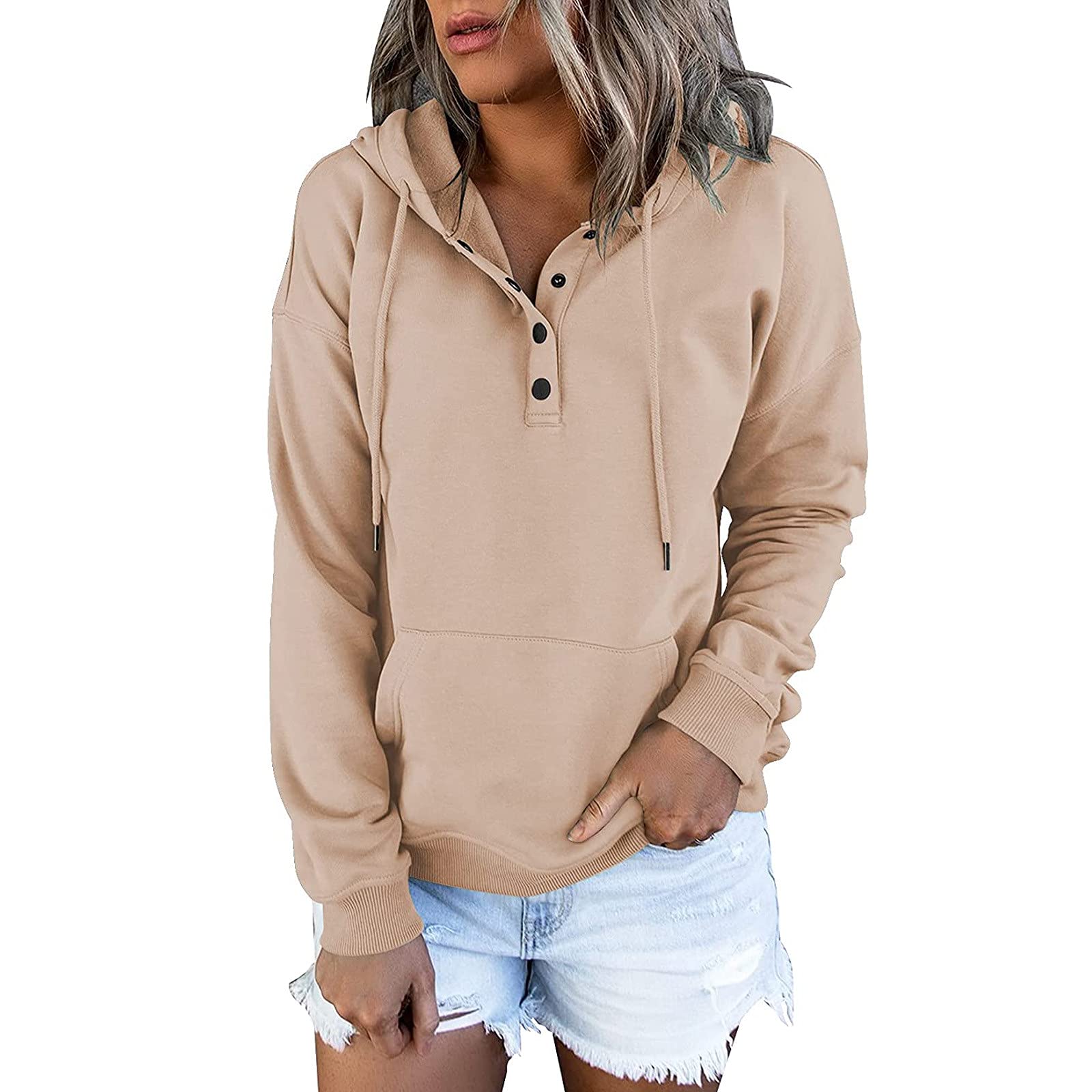 Women's Casual Button Down V-Neck Pullover Hoodie - Loose Fit Long Sleeve Solid Color Hooded Sweatshirt with Pockets | Perfect for Everyday Wear, Lounging & Outdoor Activities