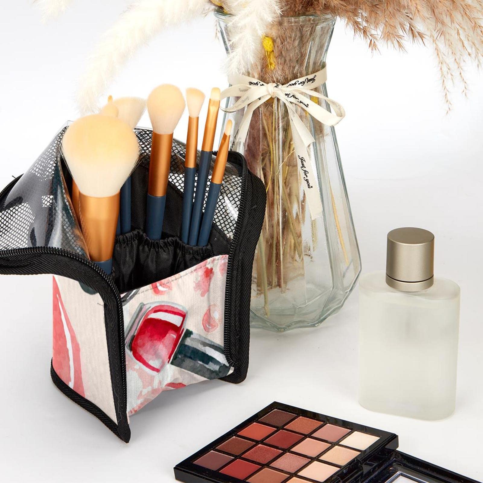 12-Piece Makeup Brush Set with Organizer Bag - Portable Cosmetic Brush Holder with Pink Flower Design for Lipstick & Makeup Tools - Perfect for Travel, Home & Professional Use