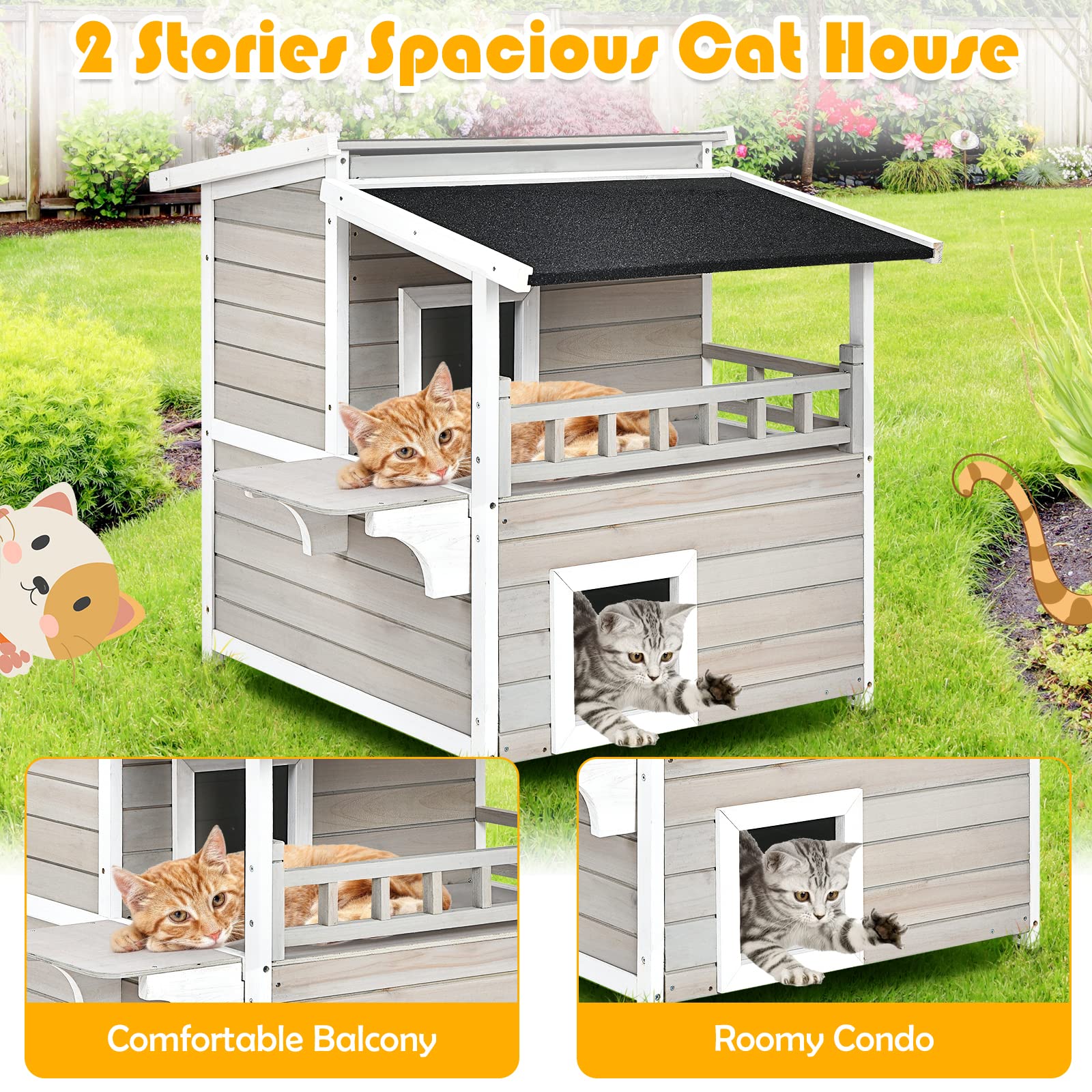 Tangkula 2-Story Weatherproof Outdoor Cat House with Escape Door, Asphalt Roof & Balcony - Wooden Shelter for Outside Cats - Perfect for Backyard, Garden, or Patio Use
