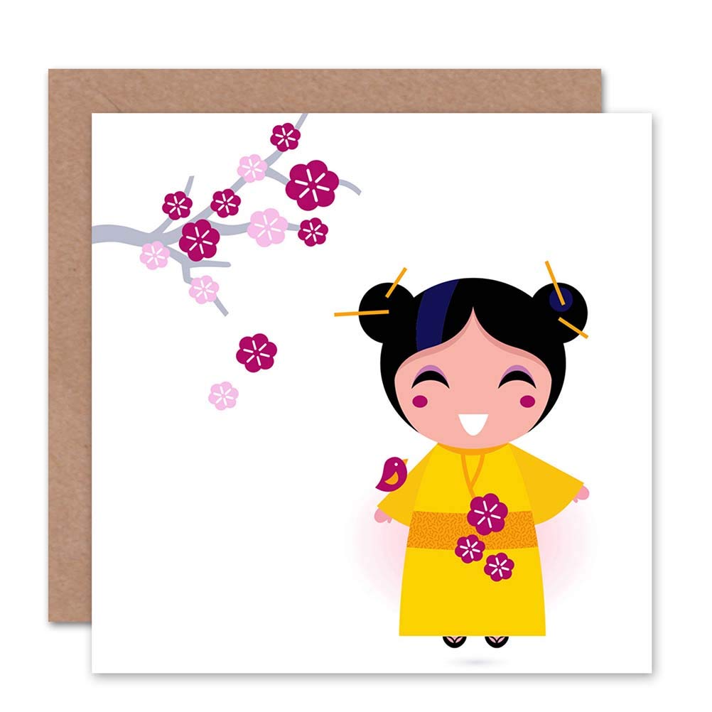 Wee Blue Coo Japanese Geisha Cherry Blossom Kimono Blank Greeting Card - Elegant Birthday & Special Occasion Card Art - Perfect for Birthdays, Anniversaries & Japanese Culture Enthusiasts