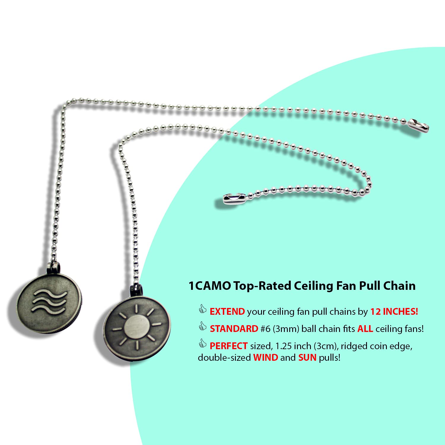 12 Inch Ceiling Fan Pull Chain Extender with Ball Chain Connector - Set of 2 Brushed Nickel Camo Pull Chains for Ceiling Fans & Lights - Perfect for Bedroom, Living Room & Outdoor Patio Fans