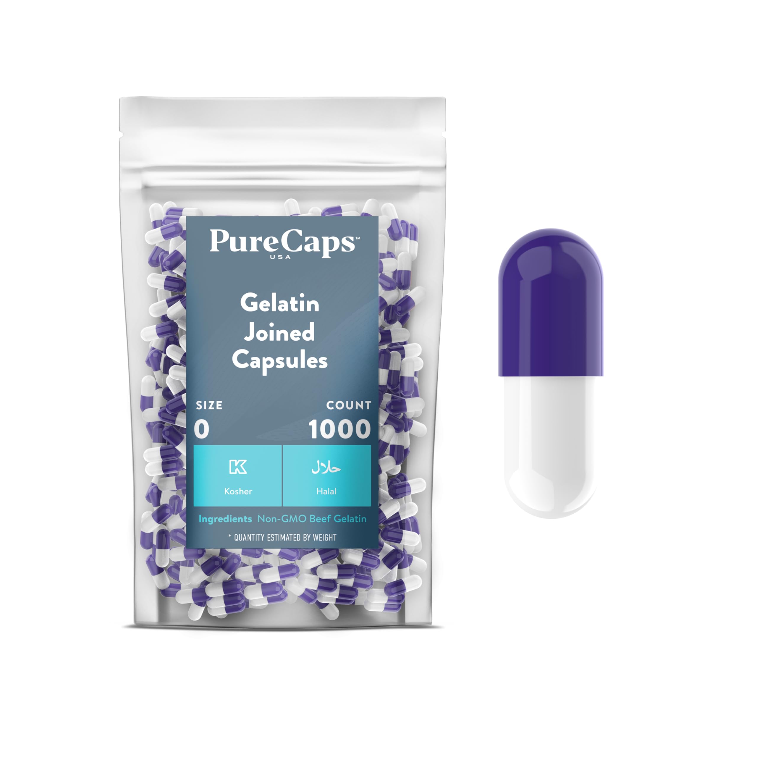 PureCaps USA - 1000 Empty Size 0 Gelatin Capsules (Purple/White) | Non-GMO, SLS-Free, Gluten-Free, Preservative-Free | Perfect for DIY Supplements, Herbal Remedies & Vitamin Filling