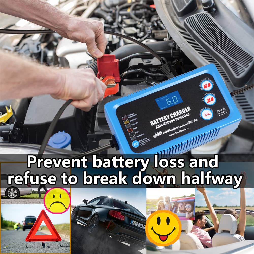 Katbo 12V 6V 6A Smart Battery Charger for Car, AGM, Gel & SLA - LCD Display for Easy Monitoring