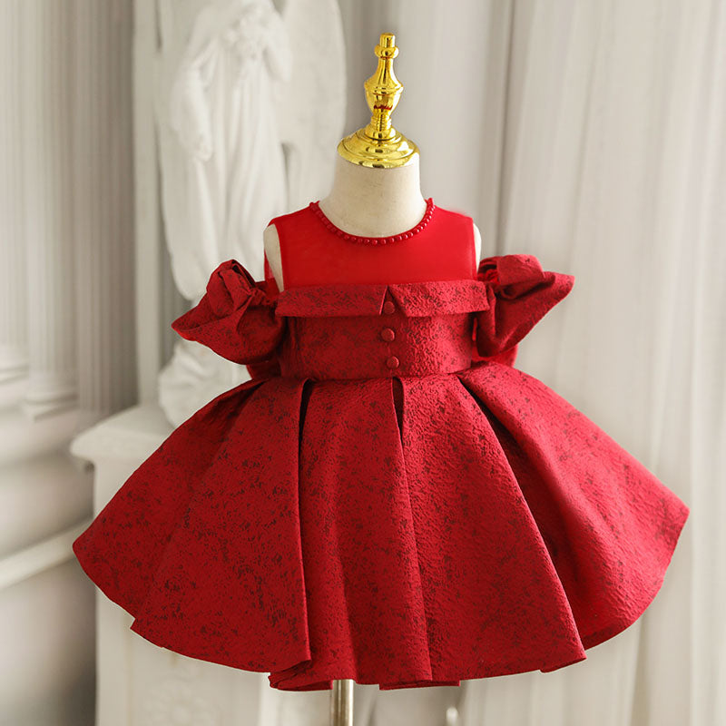 Red Satin A-Line Flower Girl Dress with Cold Shoulder Bow - Elegant Knee-Length Dress for Weddings, Parties & Special Occasions