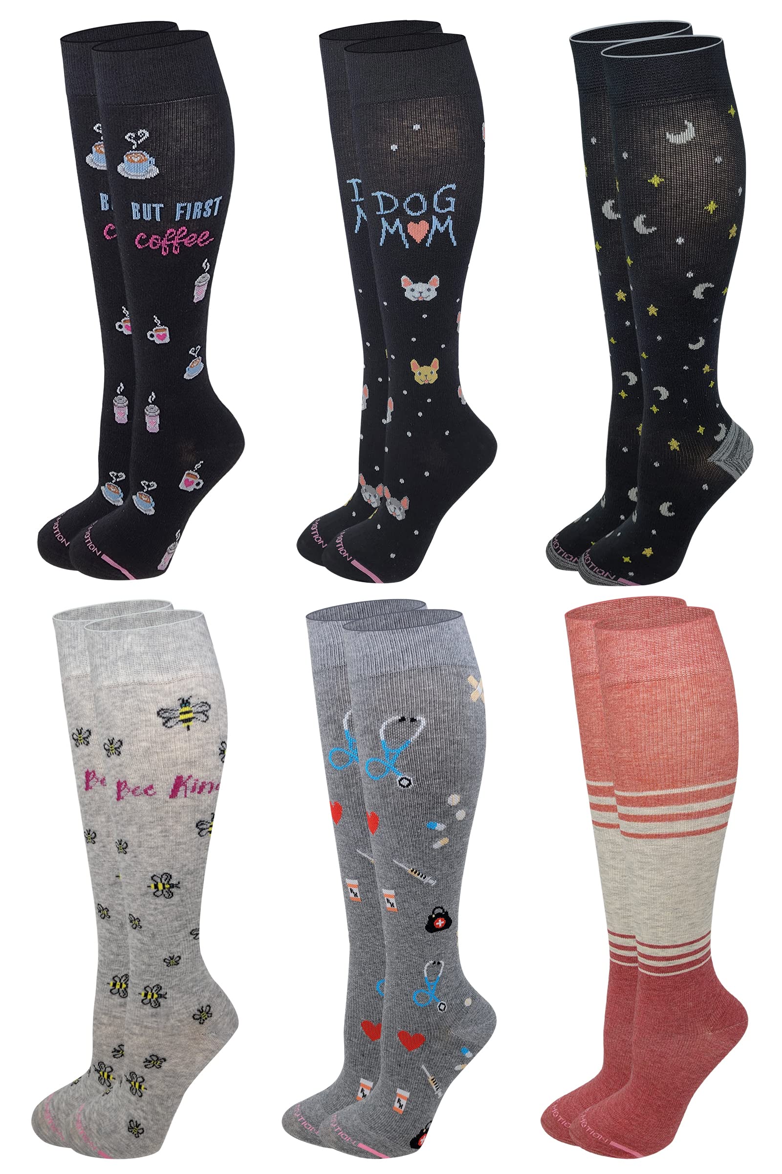 Dr. Motion Women's 6-Pack Everyday Compression Knee High Socks for Running, Travel & Work - Support & Comfort All Day