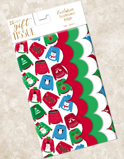 Festive Christmas Sweaters Scalloped Tissue Paper - Holiday Gift Wrapping, Party Decorations & DIY Craft Supplies for Christmas Presents