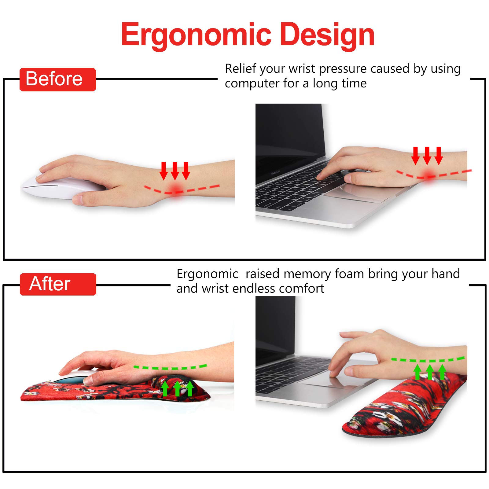 ArtSo Ergonomic Keyboard Wrist Rest & Mouse Pad Set with Memory Foam - Cherry Blossom Red - Pain Relief Wrist Support for Typing, Gaming & Office Work - Durable, Comfortable & Lightweight Computer Accessories