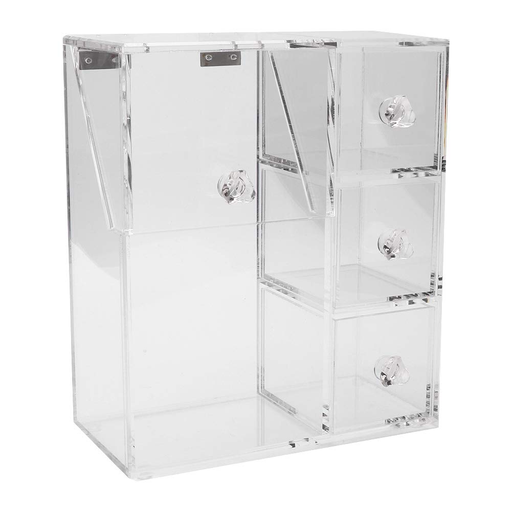 Acrylic Makeup Brush Holder Organizer with 2 Brush Slots & 3 Drawers - Dustproof Cosmetic Storage Box with Free Pink Pearls - Perfect for Bathroom Vanity, Bedroom Dresser & Countertop Organization