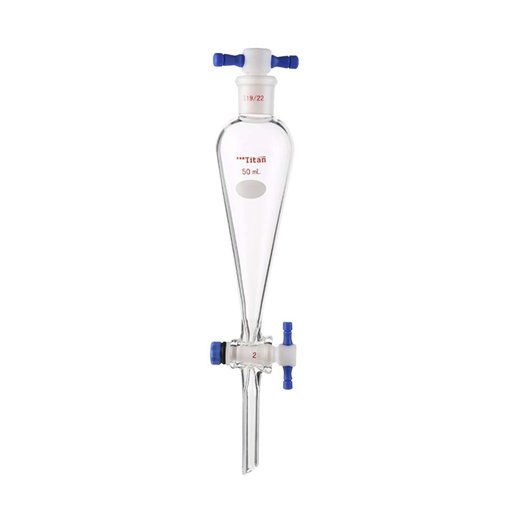 Premium 50ml Borosilicate Glass Heavy Wall Conical Separatory Funnel - 19/22 Joints & PTFE Stopcock for Chemistry Labs, Essential Oil Extraction, and Liquid Separation