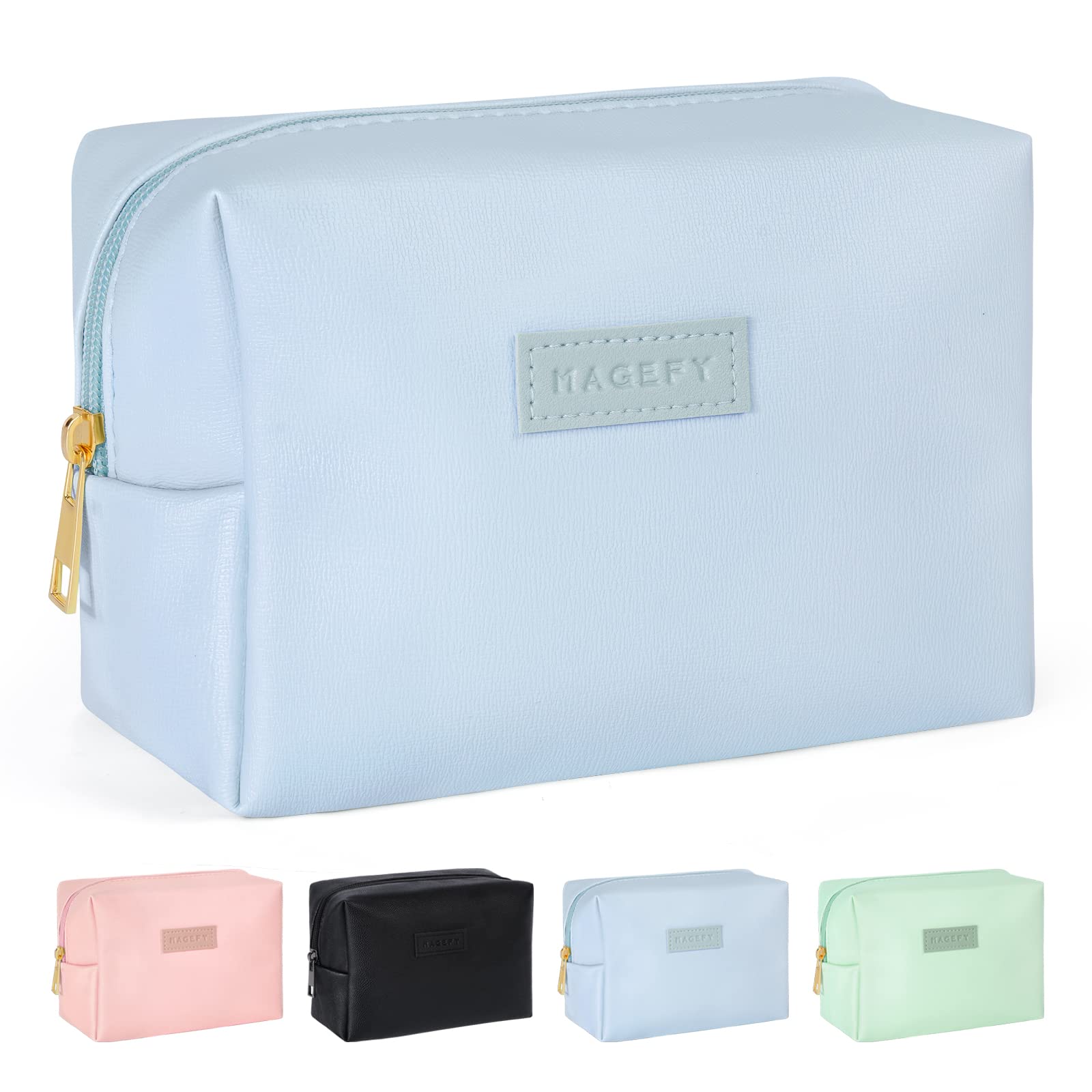 MAGEFY Small Travel Makeup Bag for Women - PU Leather Waterproof Cosmetic Pouch with Zipper, Portable Organizer for Toiletries, Makeup Brushes & Essentials - Perfect for Travel, Gym, and Daily Use (Blue)