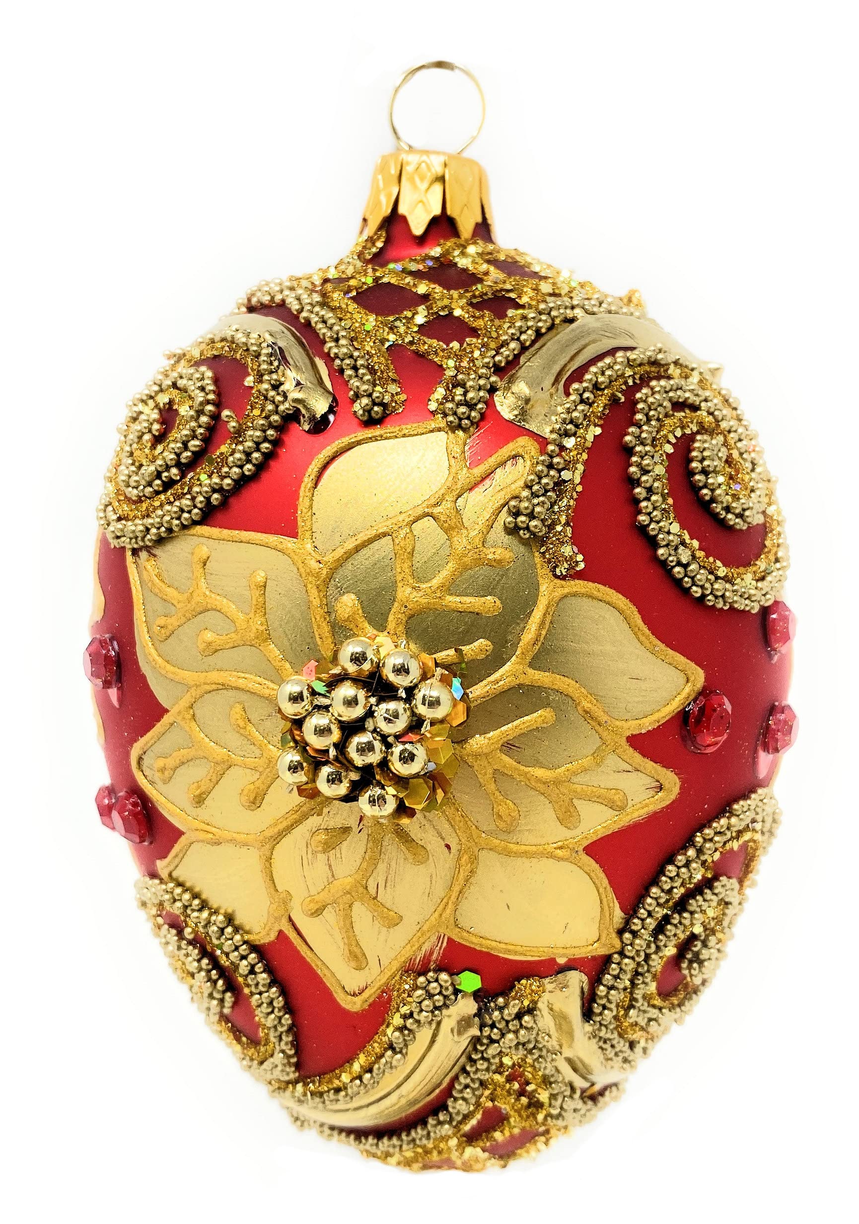 5-Inch Blown Glass Fabergé Egg Christmas Tree Ornament with Gold Poinsettia - Handcrafted Polish Art Gallery Decoration for Holiday Home Décor & Festive Gift Giving