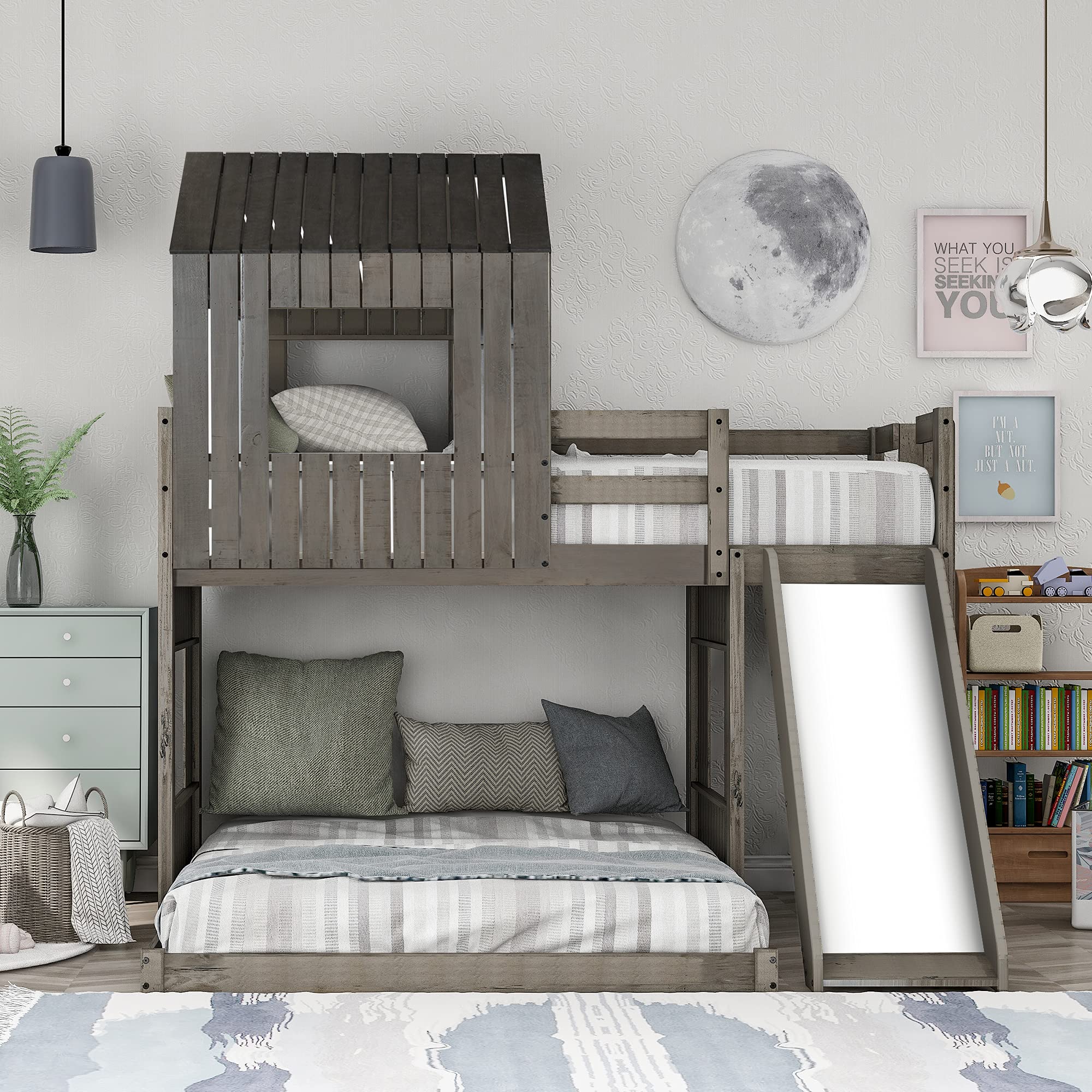 Quarte Twin Over Full Bunk Bed with Slide & Ladder - Solid Wood Loft Bed Frame with Playhouse, Farmhouse Design & Safety Guardrails - Perfect for Kids, Teens & Toddlers (Antique Gray) - Space-Saving Solution for Bedrooms, Playrooms & Vacation Homes