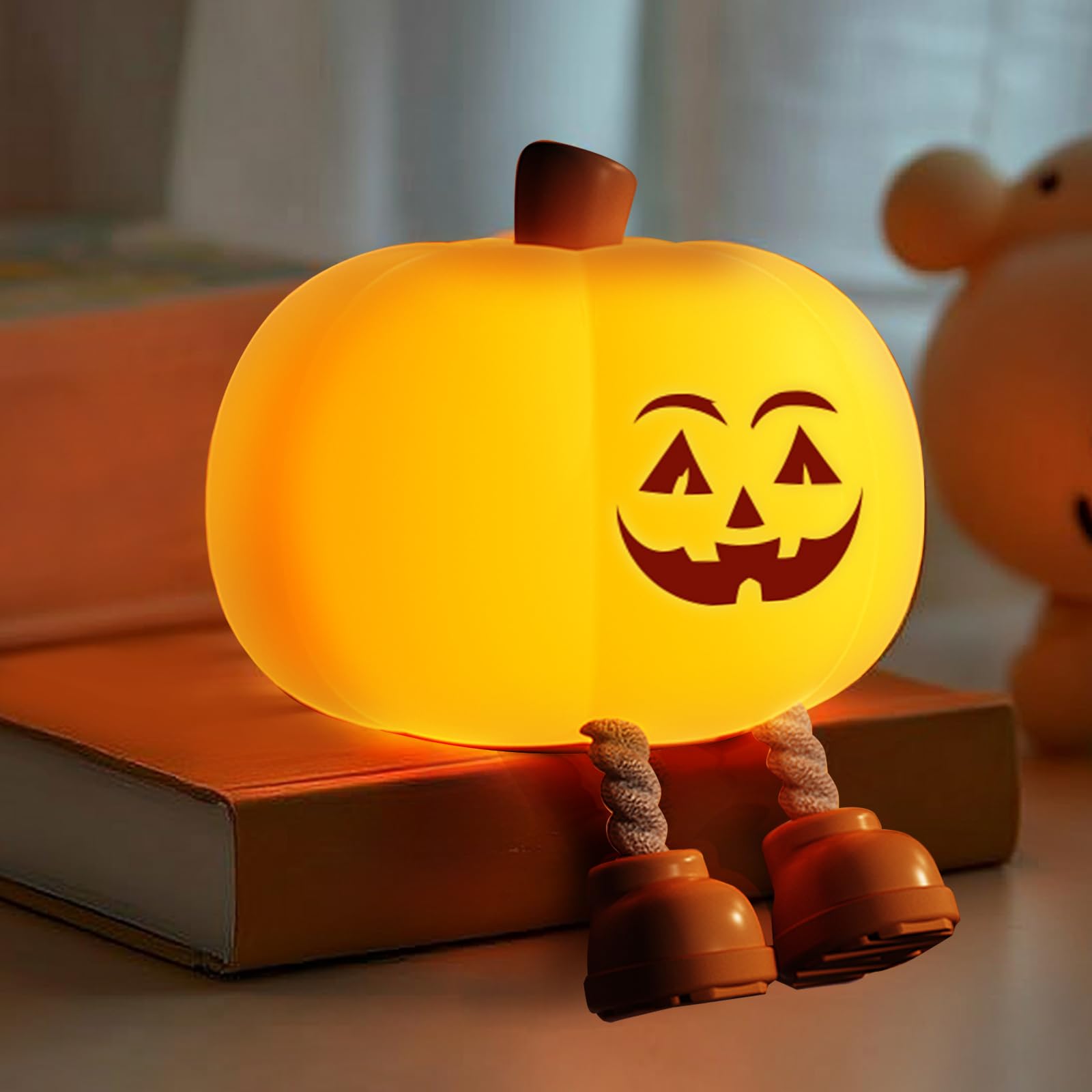 Cute Rechargeable Dimmable Silicone Pumpkin Night Light - Halloween Jack O'Lantern Decor for Kids, Baby Nursery & Toddler Rooms - Squishy Cordless Bedside Lamp for Halloween Gifts & Cozy Nighttime Ambiance