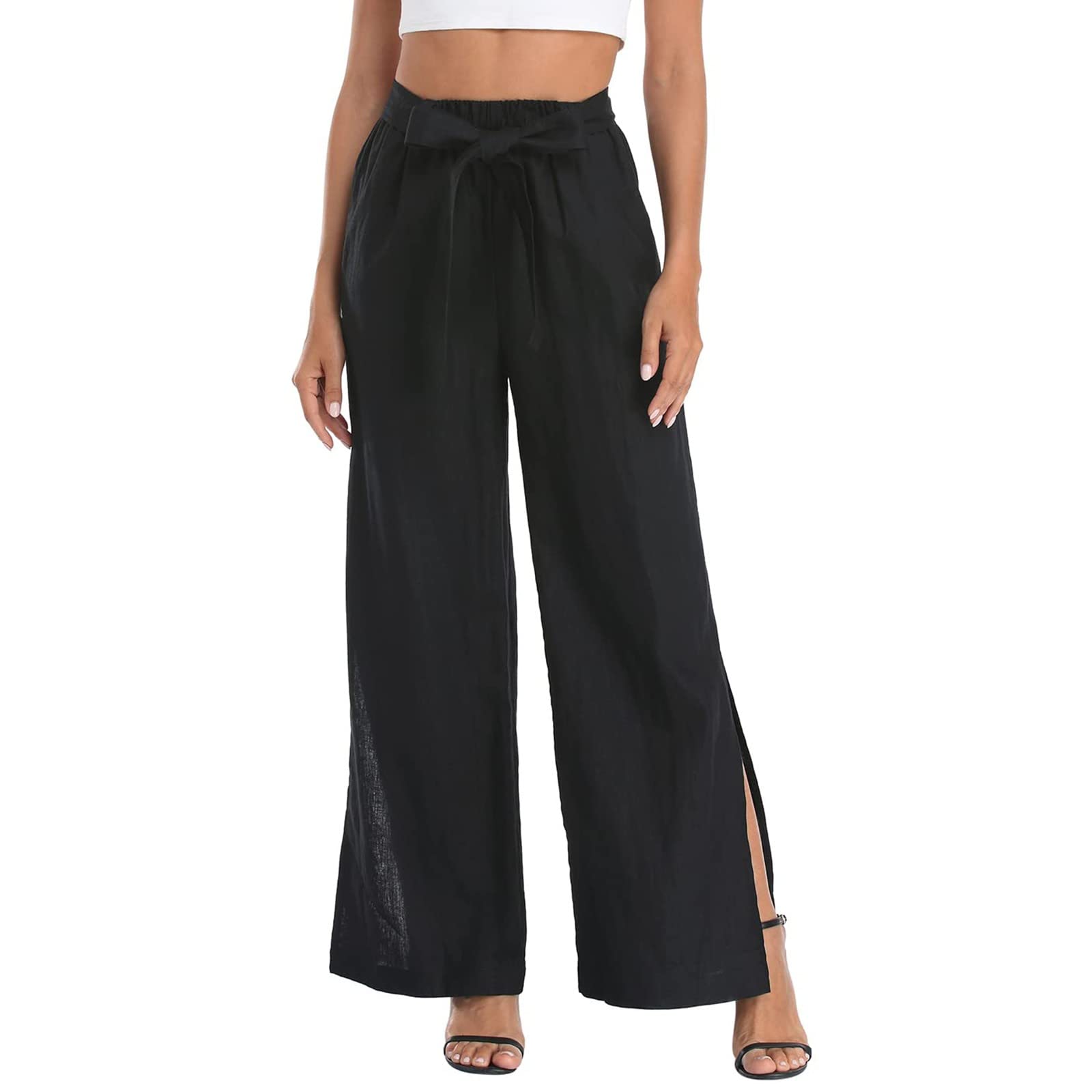 Floral Linen Pants for Women - High Waist Palazzo Pants with Belt & Pockets | Casual Wide Leg Trousers | Perfect for Summer, Beach, Vacations & Boho Style Outfits