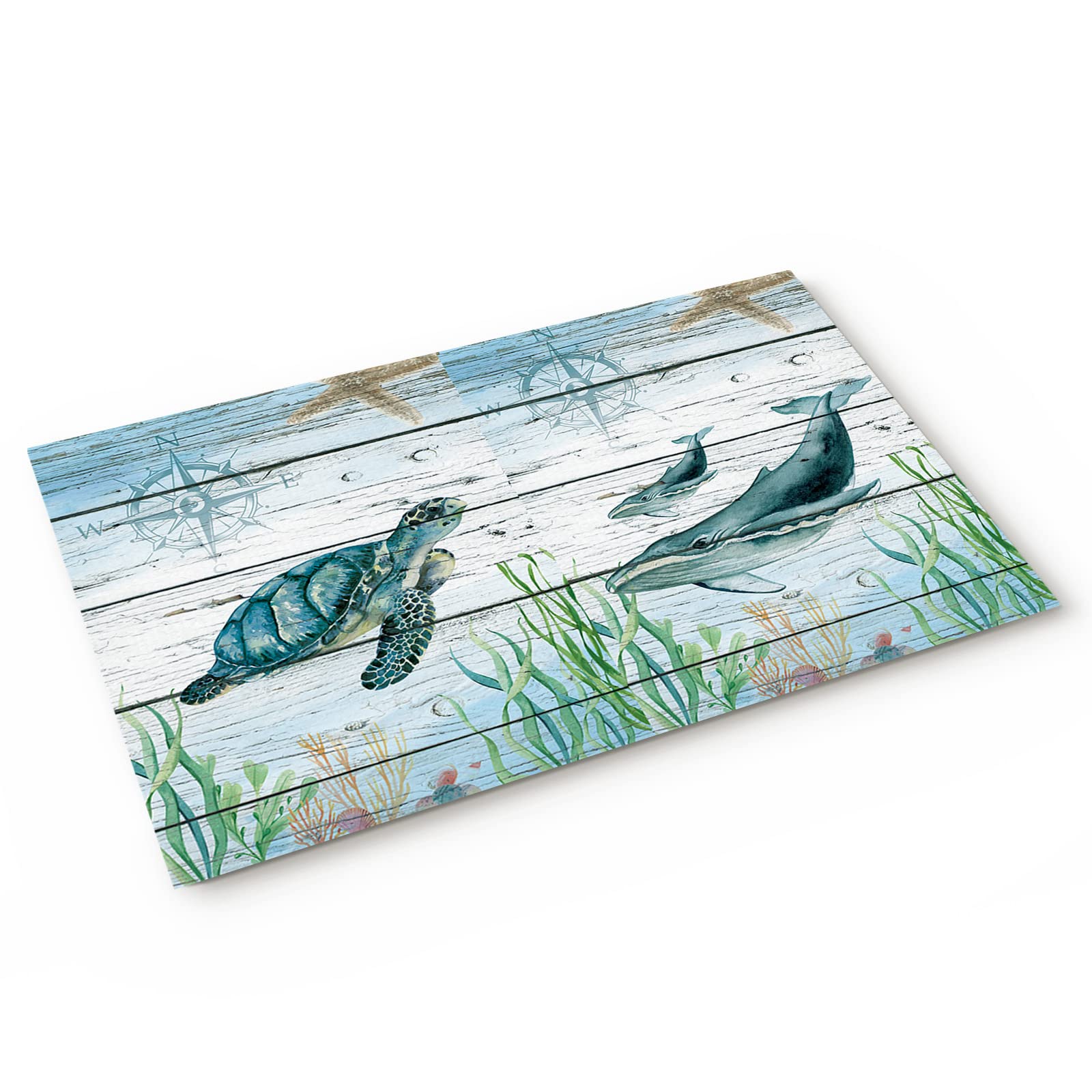 Non-Slip Rubber Welcome Doormat - Coastal Blue Sea Turtle & Nautical Map Design - 16x24in Outdoor/Indoor Entry Rug - Perfect for Beach House, Front Door, Kitchen & Bathroom Floor Mat