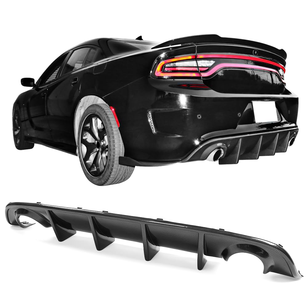 IKON MOTORSPORTS Rear Bumper Lip Diffuser for 2015-2023 Dodge Charger SRT - Ikon Style Valance Body Kit with Carbon Fiber Print (Fits 2016 2017 2018 2019 Models) - Upgrade Your Car's Aerodynamics & Style for Street Racing & Show Cars