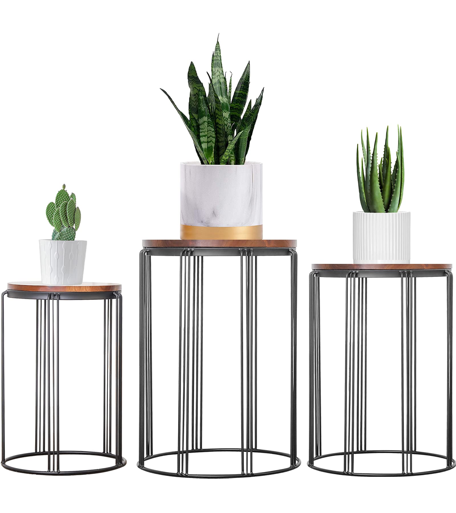 Y&M Set of 3 Stackable Round Metal Side Tables - Modern Black Frame with Brown Wood Top for Indoor & Outdoor Use - Perfect as Coffee Tables, End Tables, Garden Stools or Plant Stands for Home, Office & Patio Decor