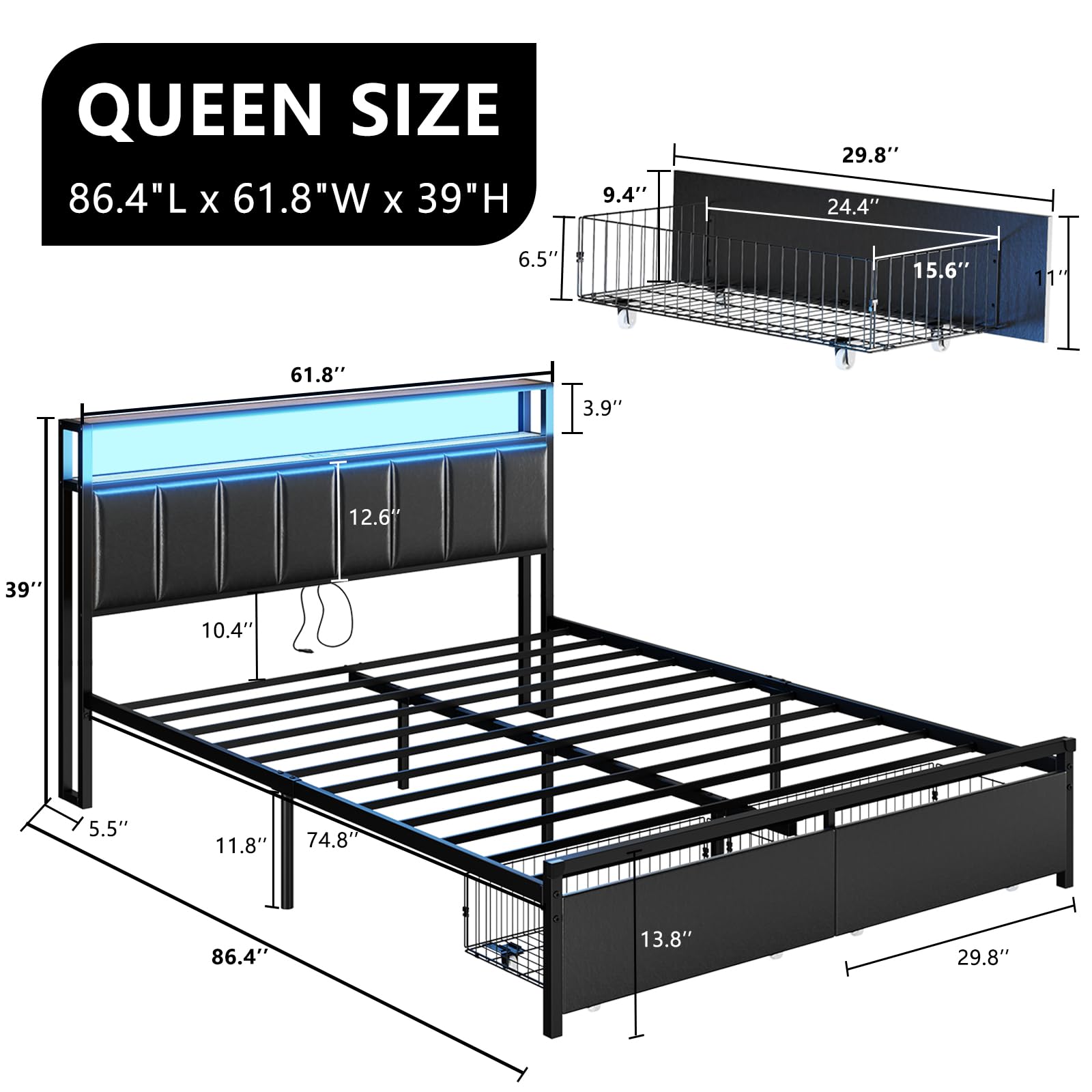 AMERLIFE Queen LED Bed Frame with 2-Tier Storage Drawers, Leather Upholstered Platform Bed with USB Charging Station Headboard - No Box Spring Needed, Easy Assembly, Noise Free, Black - Perfect for Modern Bedrooms, Small Spaces & Tech-Savvy Users