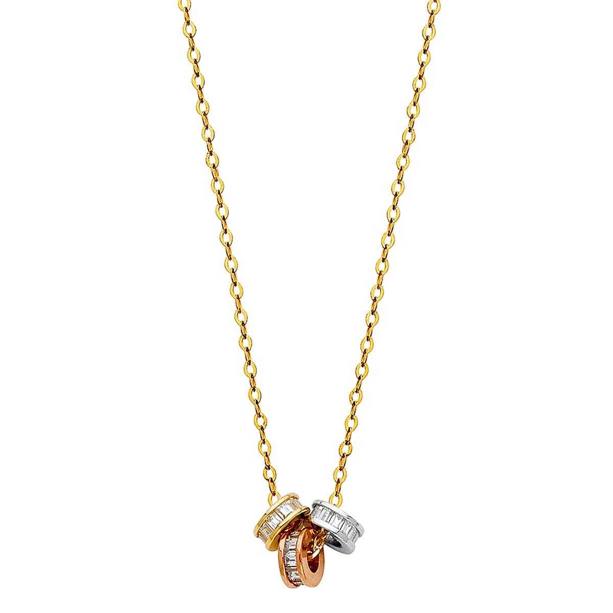 14K Tri-Color Gold Chain Necklace with Cubic Zirconia Pendant - Unisex Baguette Ring Design for Women & Men | Spring Ring Clasp Solid Real Gold Choker | Perfect Christmas, Birthday & Valentine's Day Gift for Her/Him | Elegant Jewelry for Parties, Weddings & Special Occasions