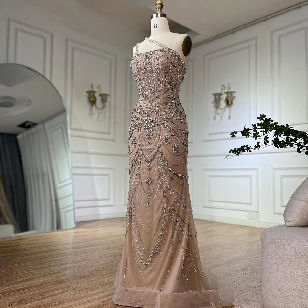 Elegant Nude One Shoulder Beaded Evening Dress - Luxury Dubai Style Formal Gown LA72791 for Prom, Wedding & Red Carpet Events