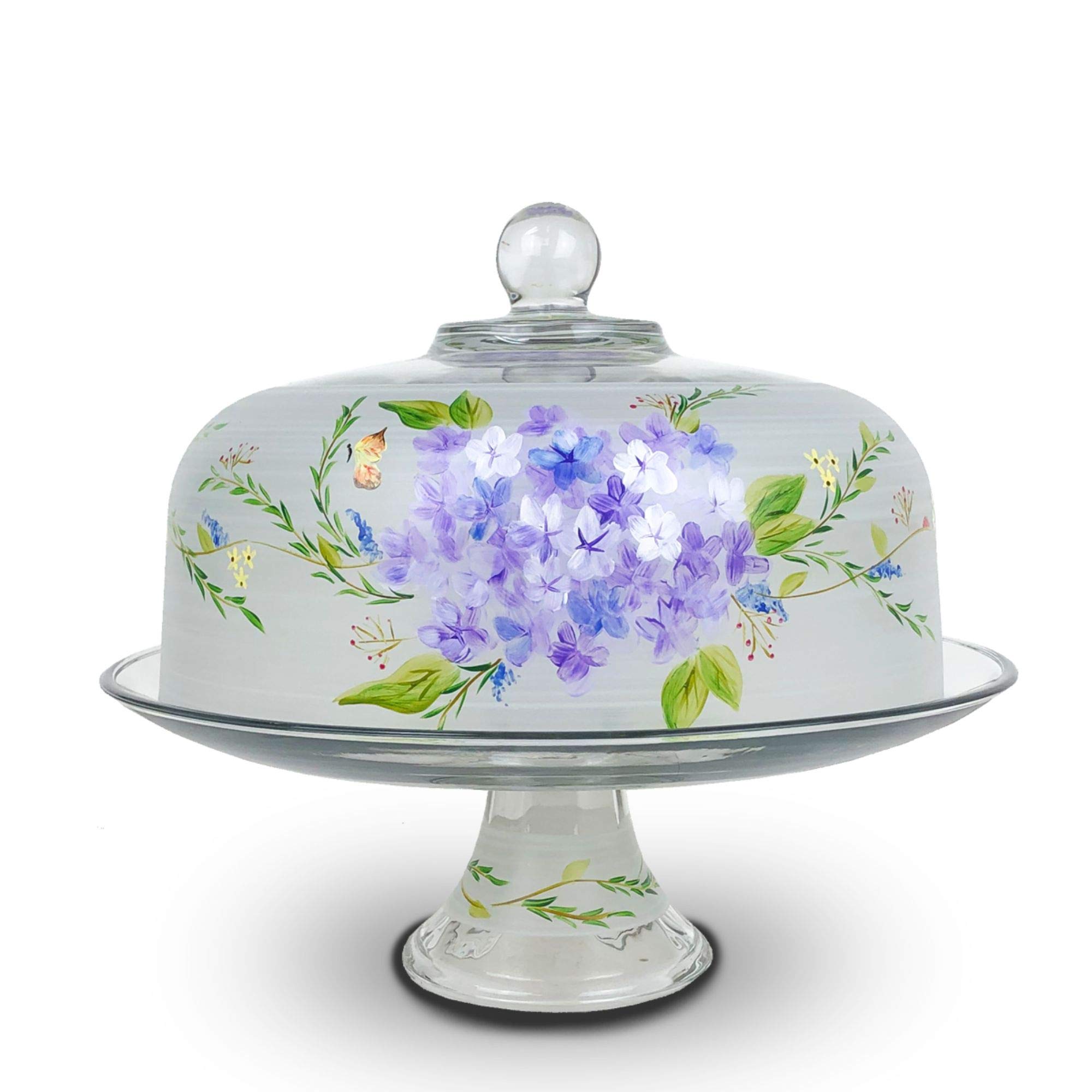Poppy Floral Hand-Painted Glass Convertible Cake Dome - 11 Inch Large Serving Dome for Wedding, Birthday & Dessert Display | Elegant Kitchen Decor