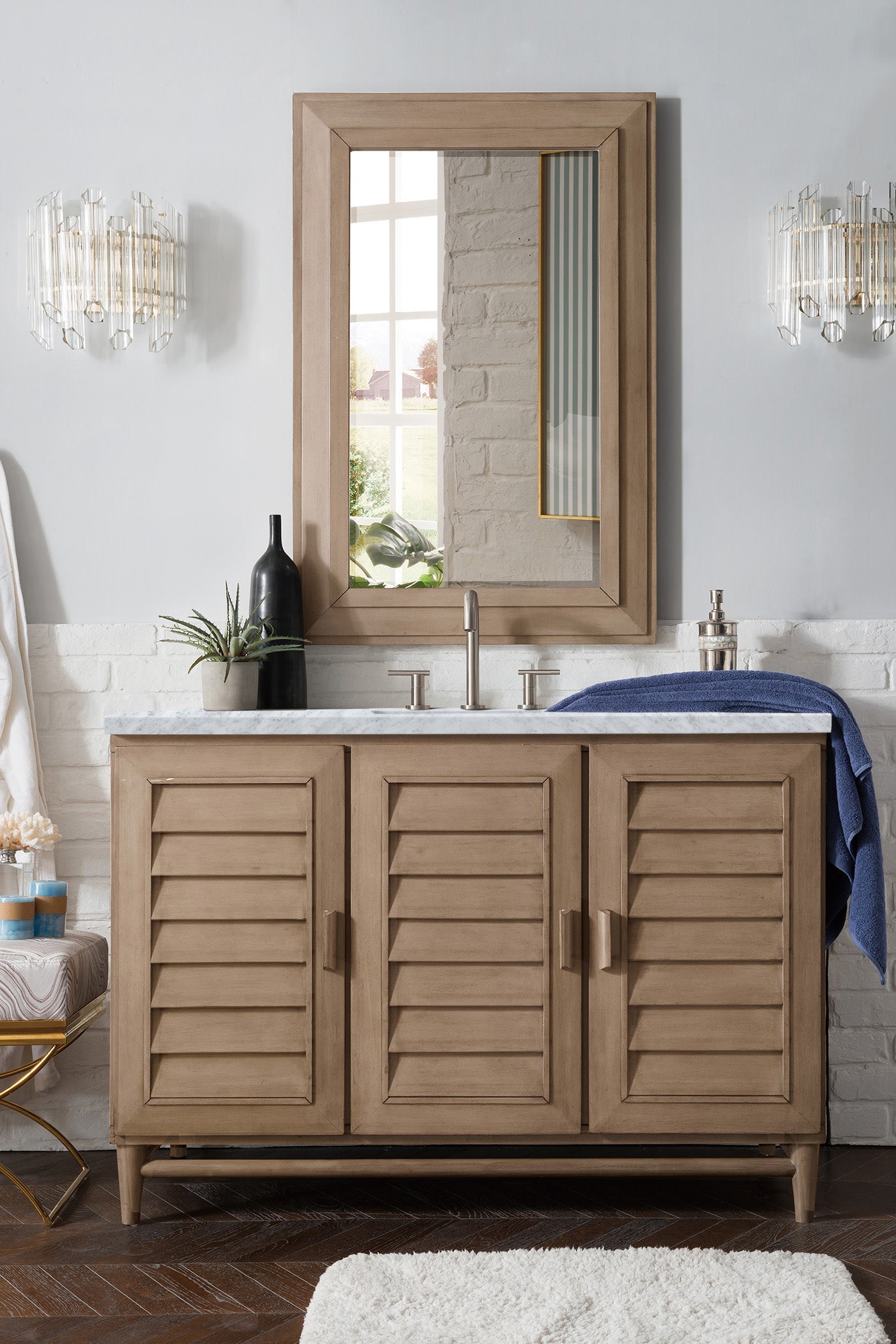Portland 48 Inch Single Bathroom Vanity with Whitewashed Walnut & 3CM Carrara Marble Top - Perfect for Modern Farmhouse & Coastal Bathroom Designs