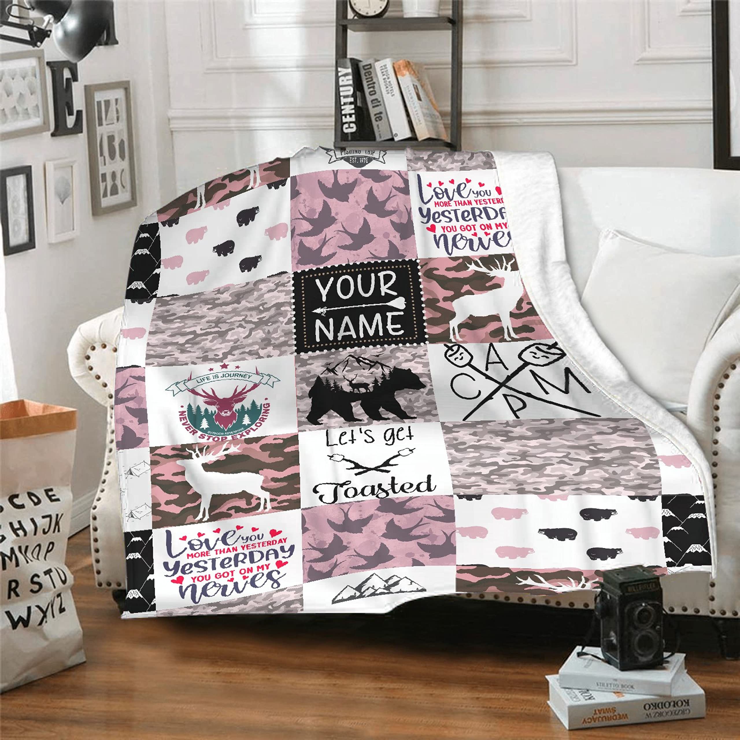 Custom Personalized Baby Blankets with Name - Woodland Camo Deer Bear Moose Design - Soft Flannel Swaddling & Throw Blanket for Newborns, Girls & Boys - Perfect for Nursery, Baby Shower Gifts & Family Keepsakes