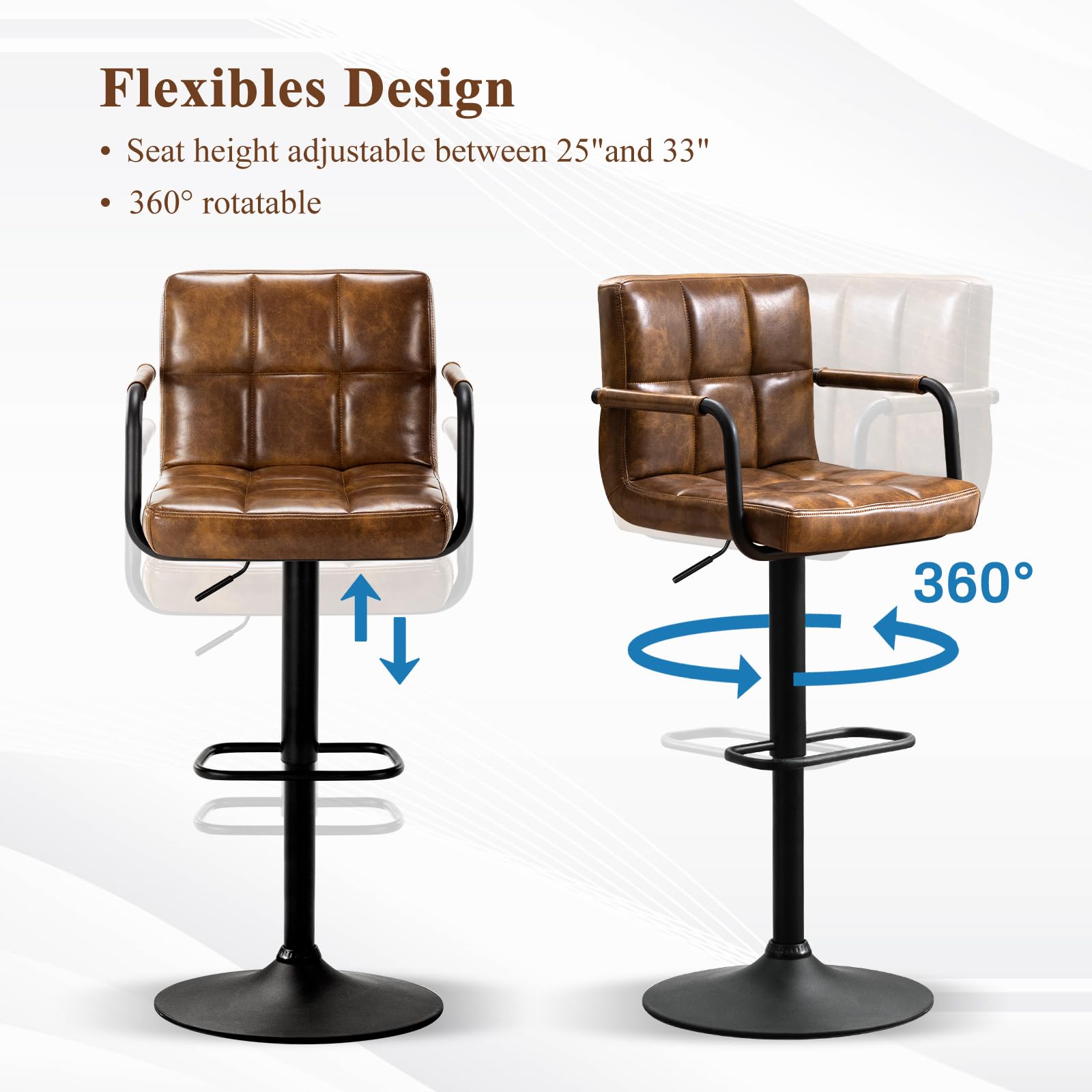 Furniliving Set of 2 Modern PU Leather Bar Stools with Back & Armrest - Adjustable Height Kitchen Counter Stools for Bar, Pub, Cafe & Home Dining (Yellow Brown) | Perfect for Breakfast Nooks, Kitchen Islands & Entertainment Spaces