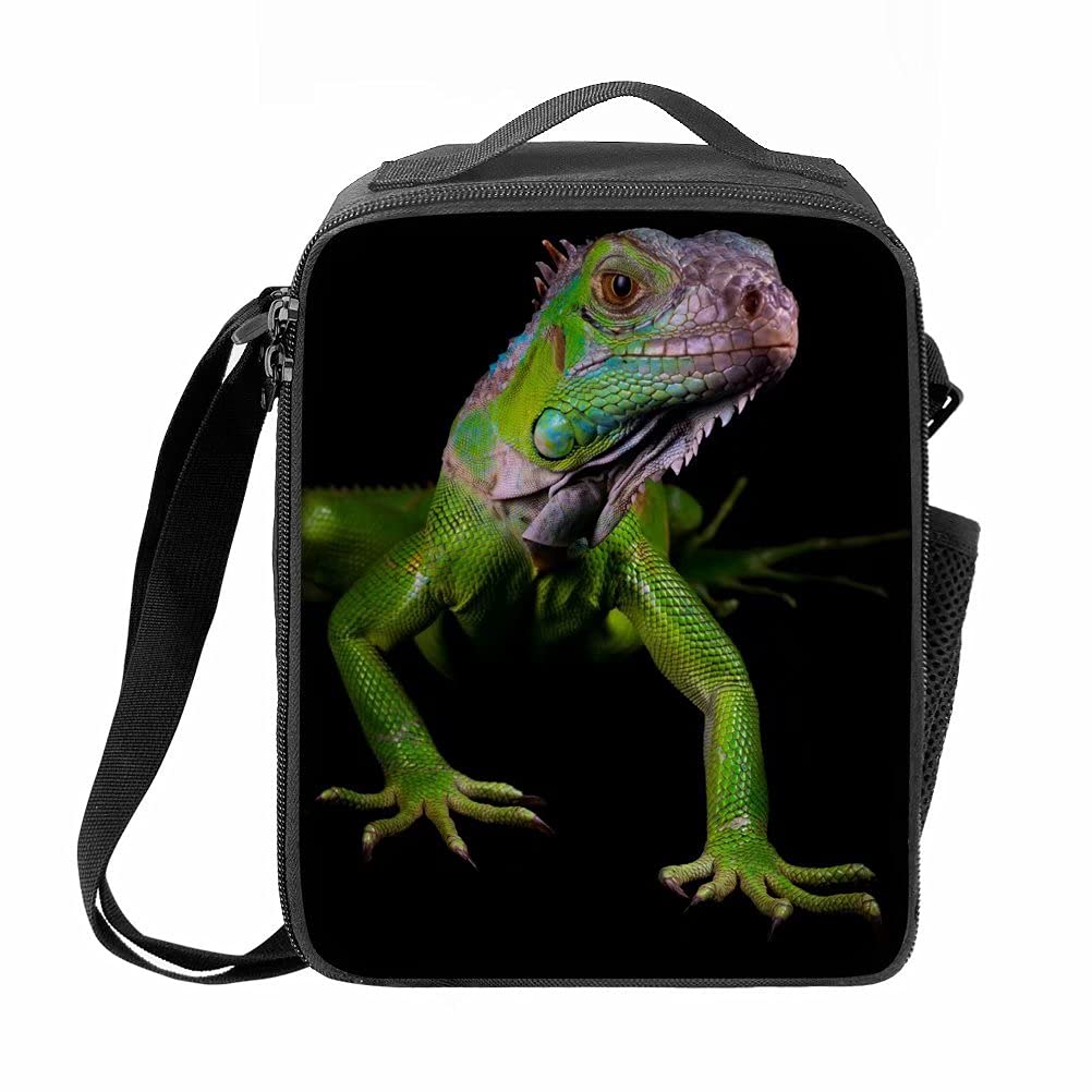 Eco-Friendly Green Lizard Print Insulated Lunch Bag with Adjustable Shoulder Strap - Leakproof Meal Container for School, Office & Picnics - Perfect for Adults, Teens & Students