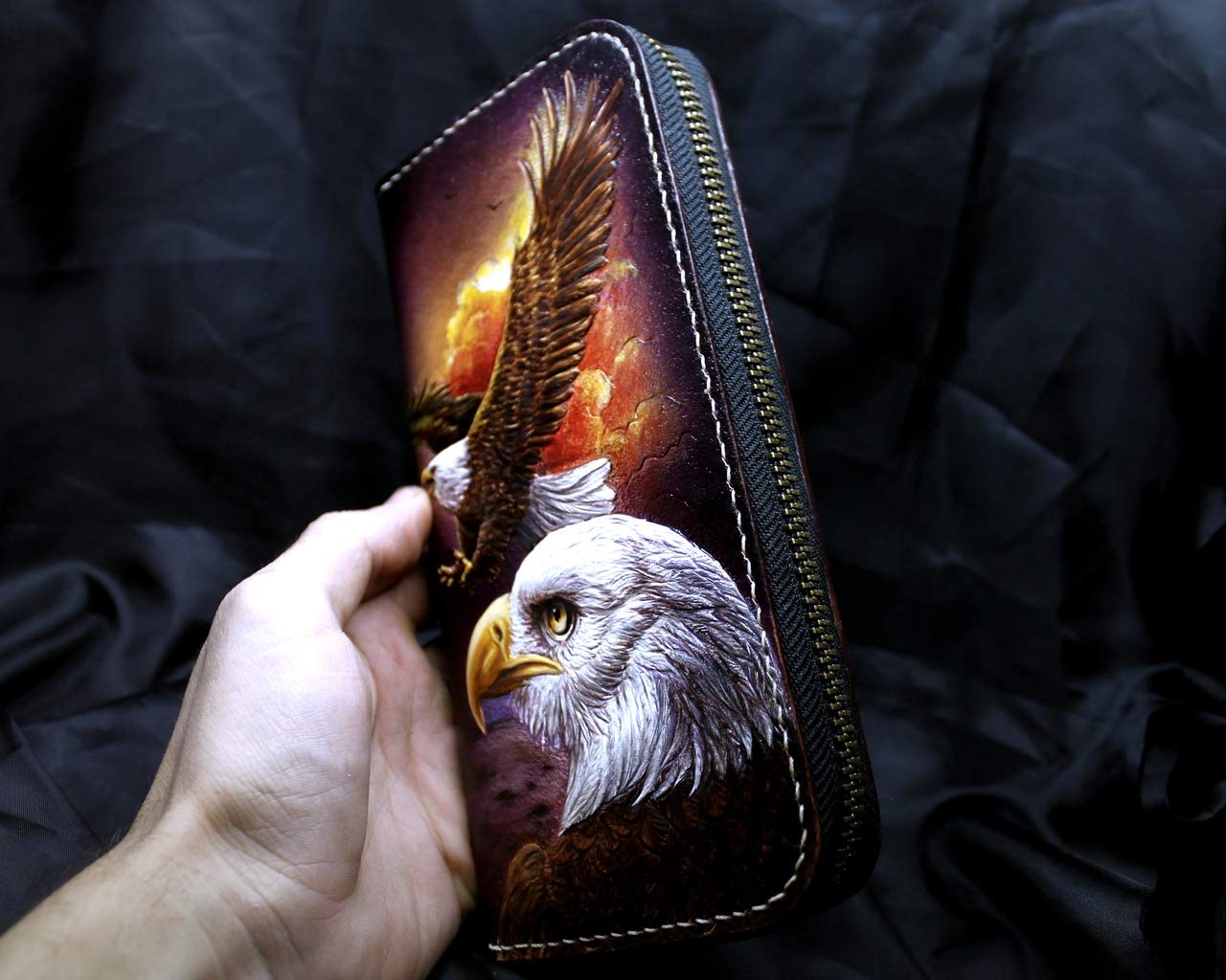 Handcrafted 3D Genuine Leather Men's Wallet - Long Biker Wallet with Eagle Design, Hand-Carved & Hand-Painted Custom Personalized Leather Wallet for Men - Perfect for Motorcycle Enthusiasts & Everyday Use