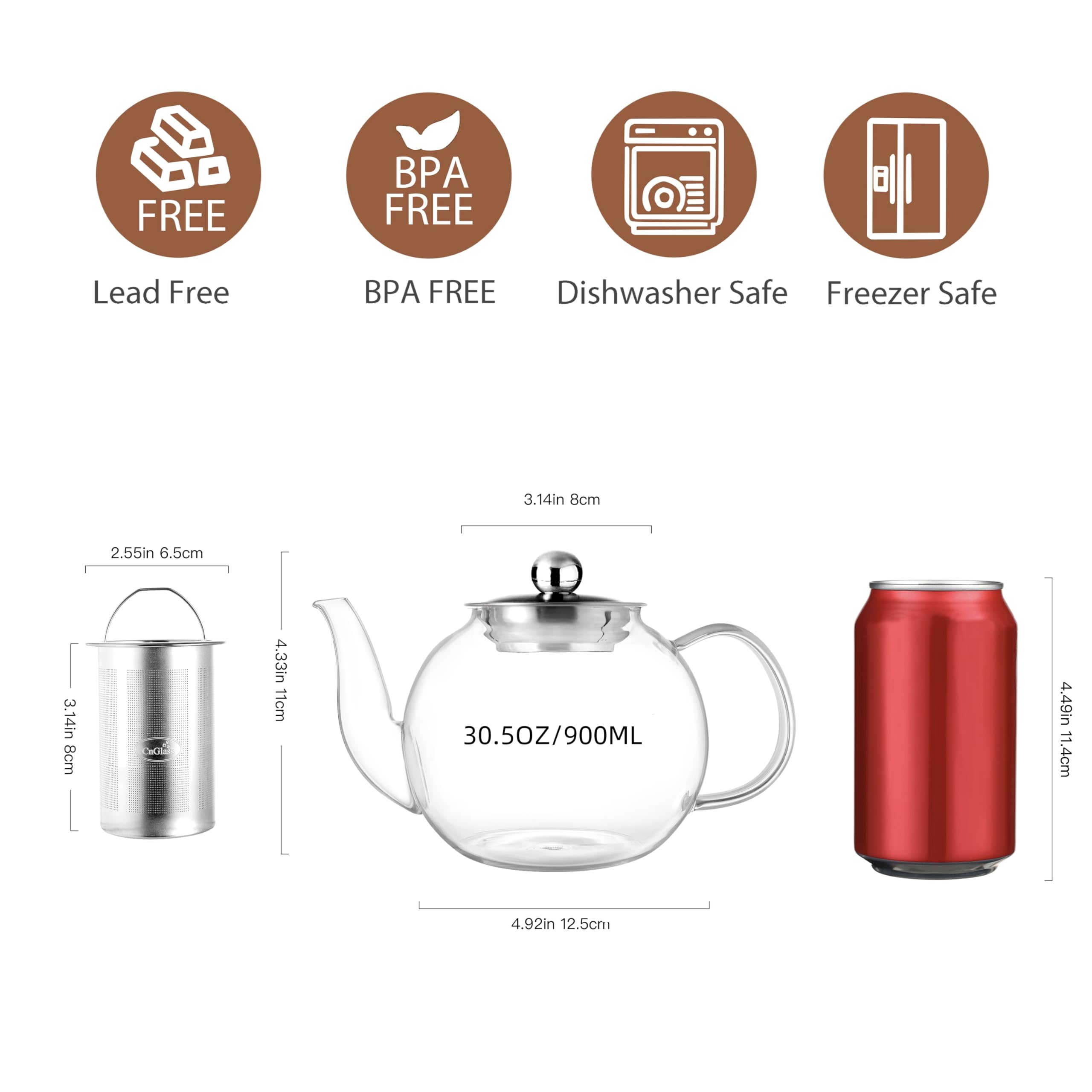 CNGLASS 900ml Glass Teapot with Removable Infuser - Clear Stovetop Safe Tea Kettle for Blooming & Loose Leaf Tea - Perfect for Home, Office & Gift Giving