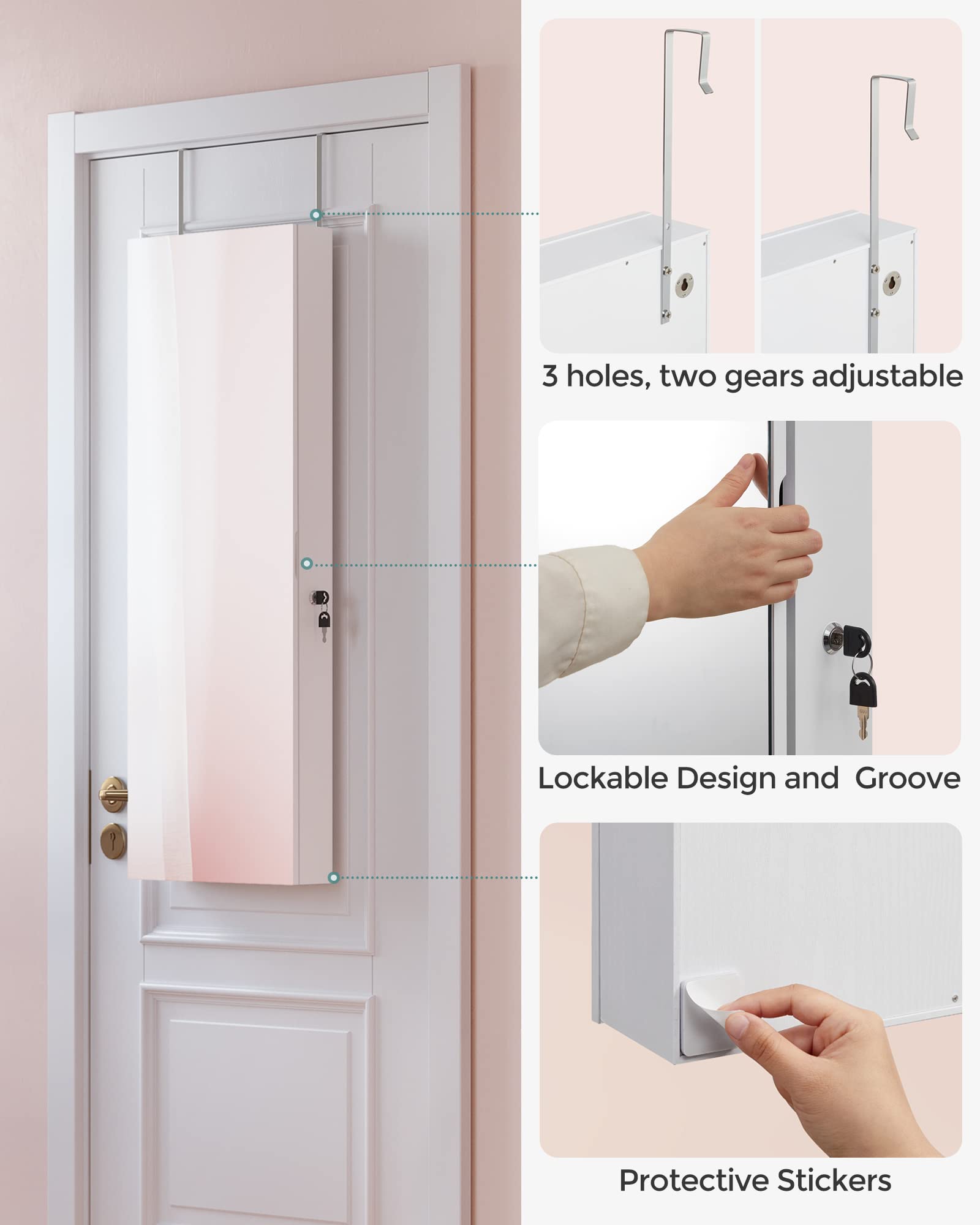 SONGMICS Full-Length Lighted Jewelry Cabinet with Mirror - Wall Mount or Door Mount Organizer with 2 Lockable Drawers, Built-in Makeup Mirror - Perfect for Bedroom, Bathroom & Dressing Room Storage (White, UJJC013W01)