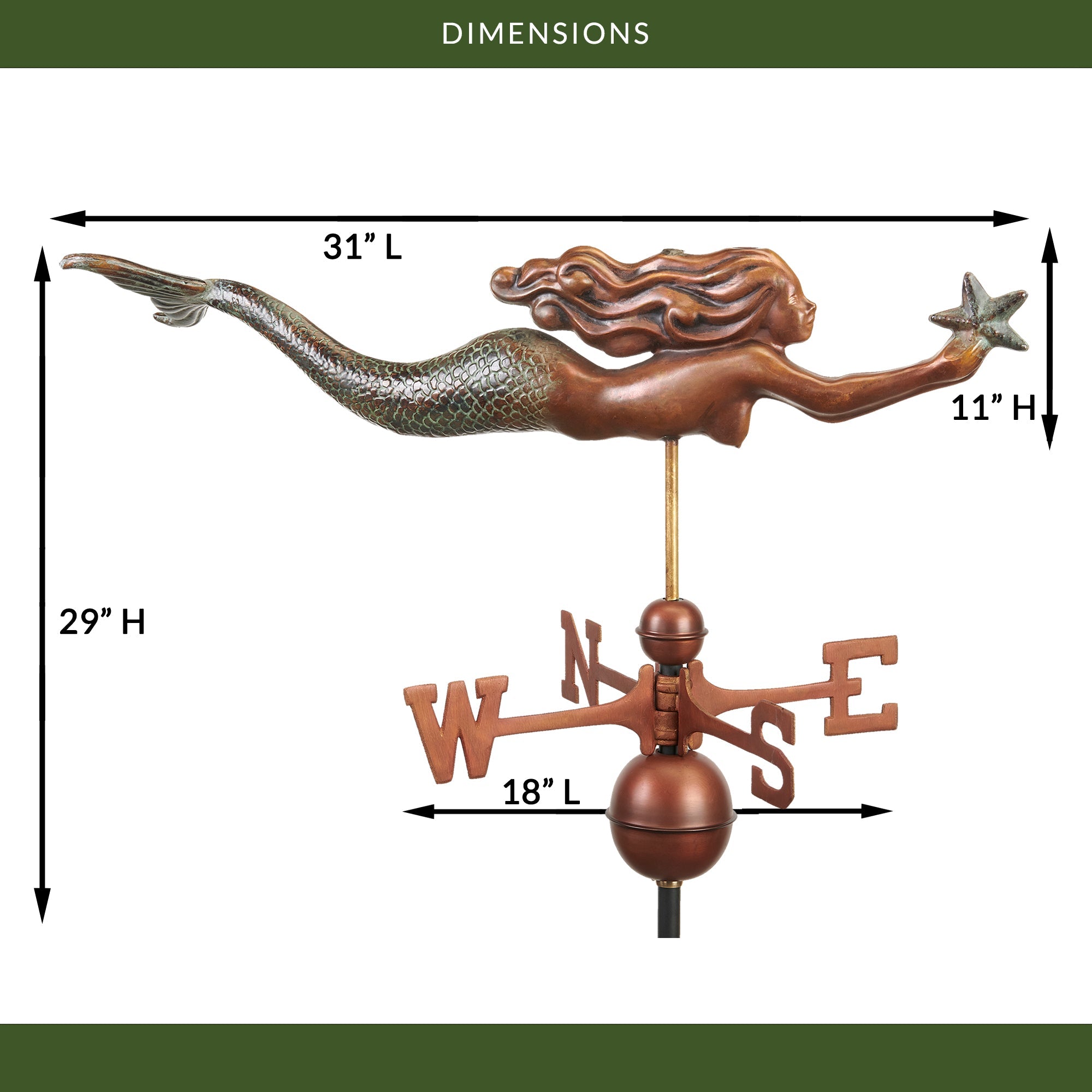 Beautiful Mermaid with Starfish Weathervane - Decorative Outdoor Garden Ornament for Yard, Patio, and Coastal Home Decor
