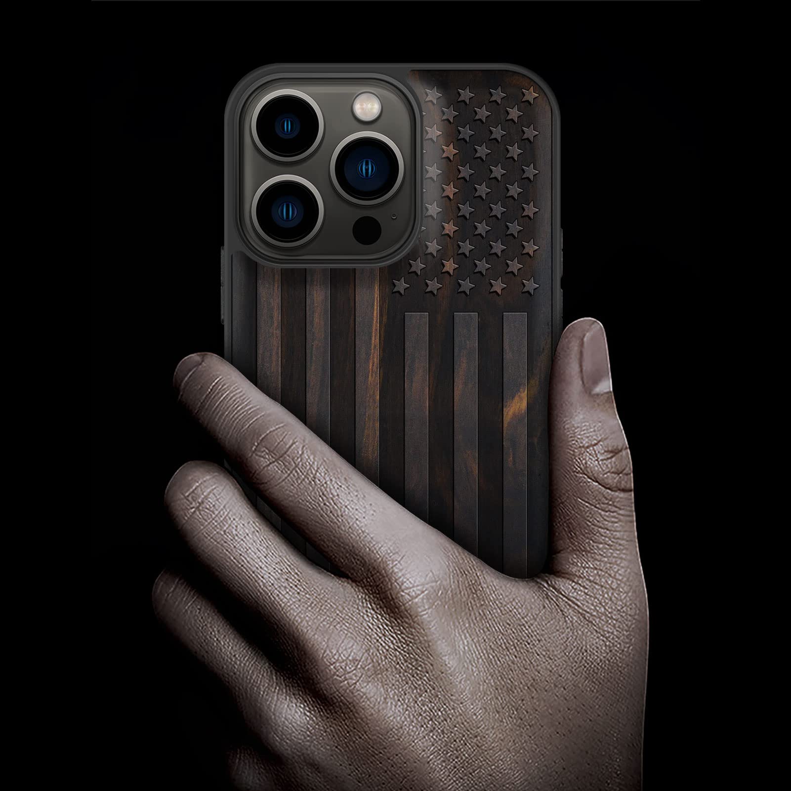 Carveit Magnetic Wood Case for iPhone 13 Pro - Hard Real Wood & Soft TPU Hybrid Protective Cover - Shockproof, Slim & Stylish - MagSafe Compatible - American Flag Blackwood Design - Perfect for Outdoor, Office & Everyday Use