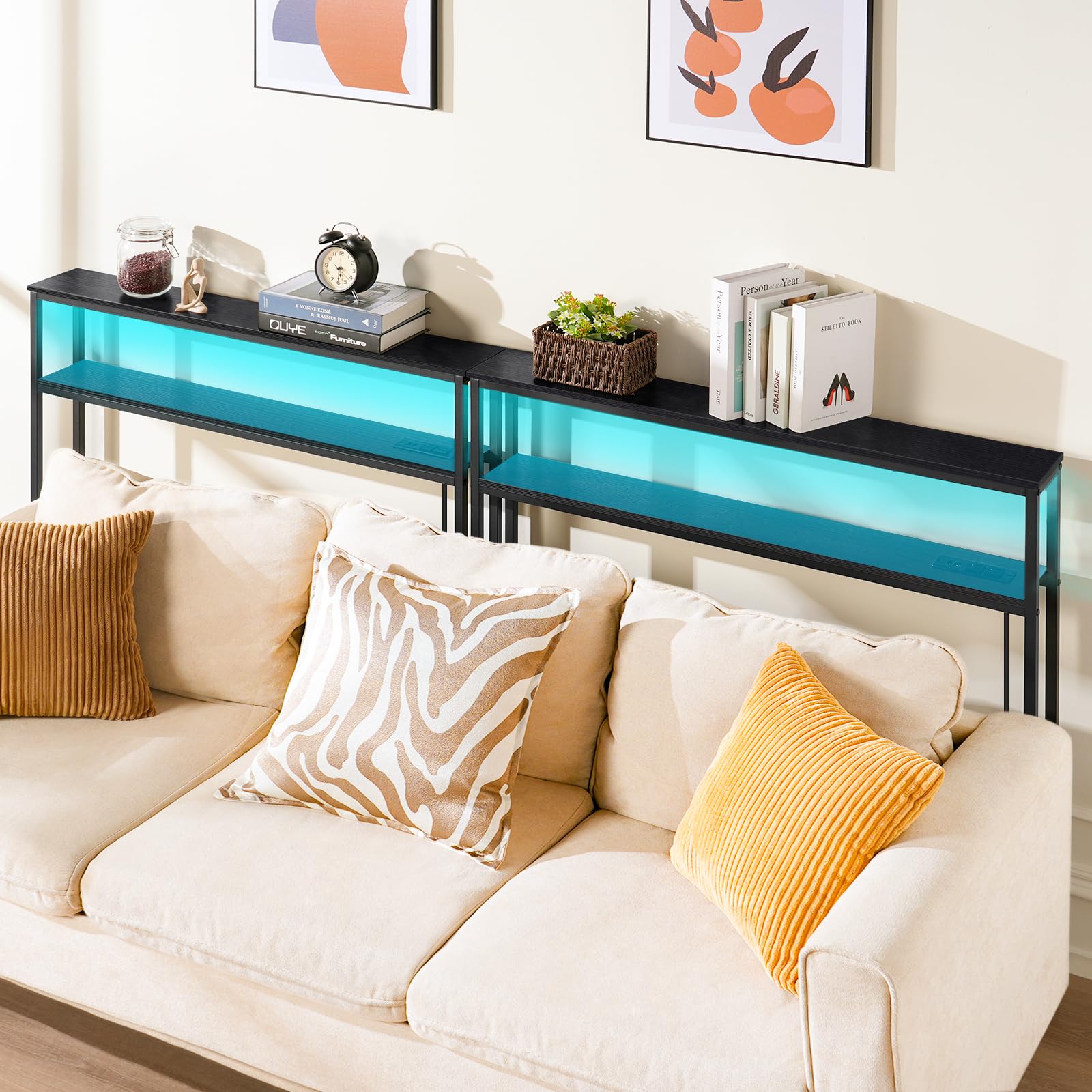 ELYKEN 2 Pack Narrow 2-Tier Console Sofa Table with LED Strip Light - 5.9