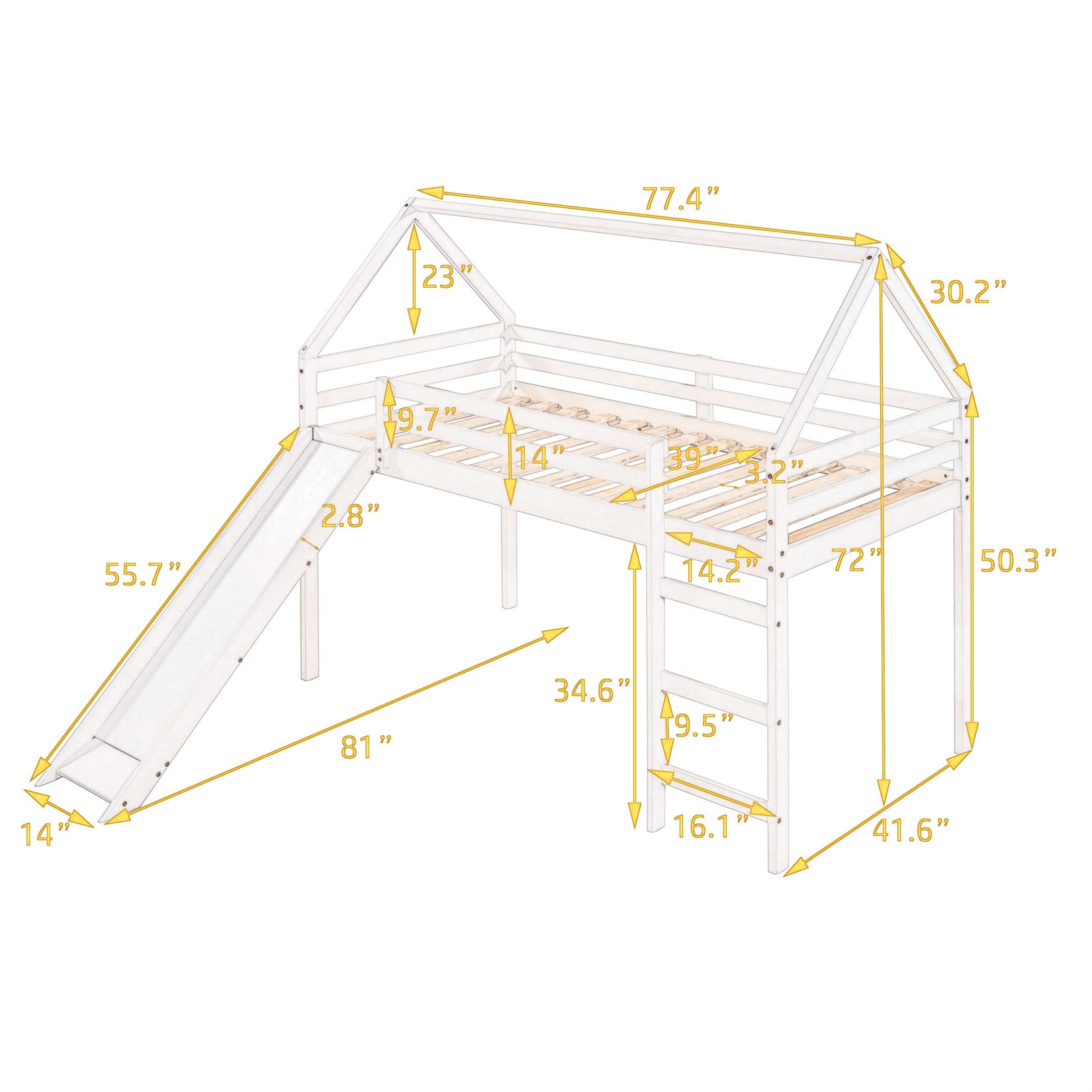 Kids Loft Bed with Slide & Ladder - Twin Size Playhouse Bunk Bed for Toddlers & Children - Gray - Perfect for Small Bedrooms, Playrooms & Kids' Sleepovers