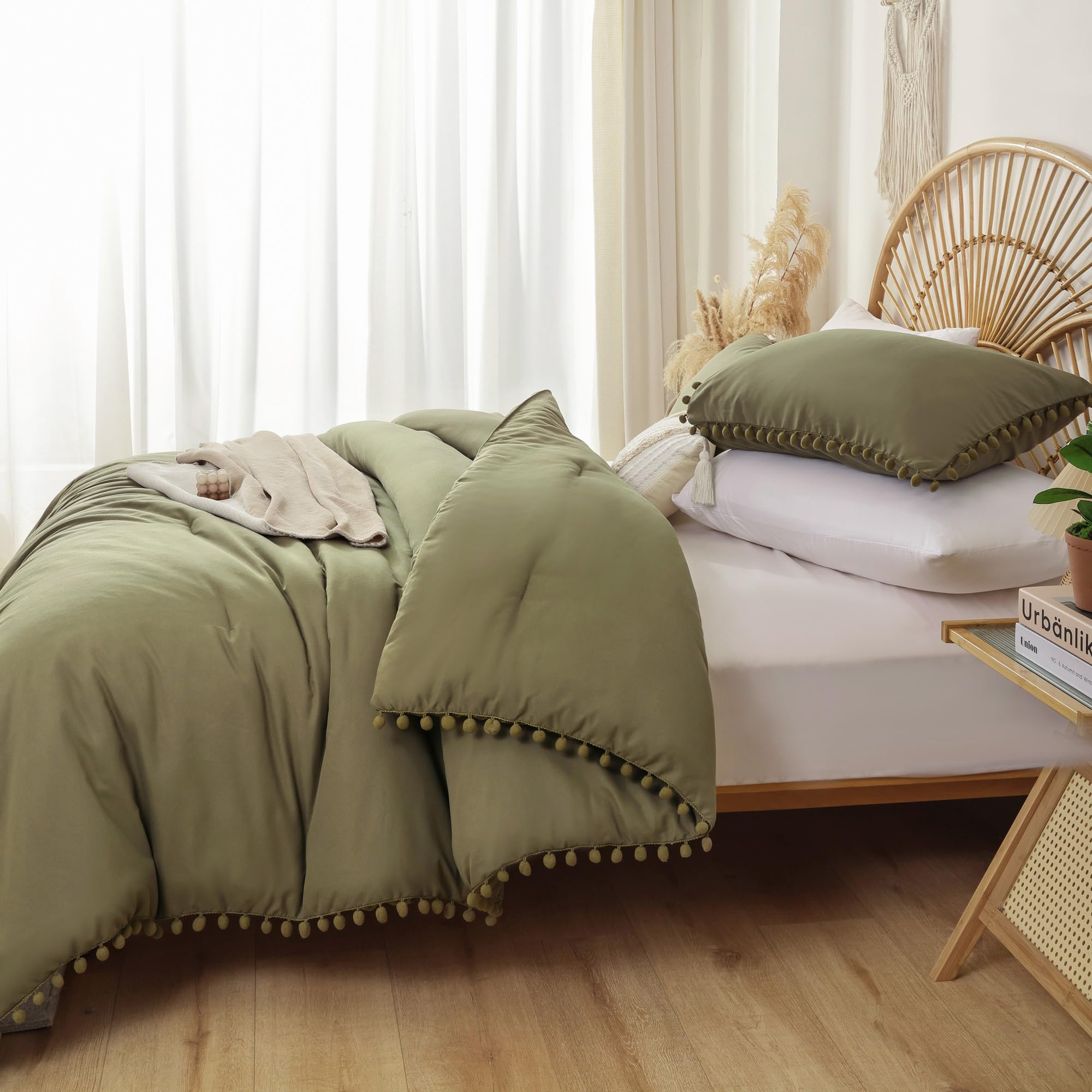 Queen Comforter Set with Pom Fringe - 3pc Soft Bedding for All Seasons in Olive Green | Cozy Home Decor
