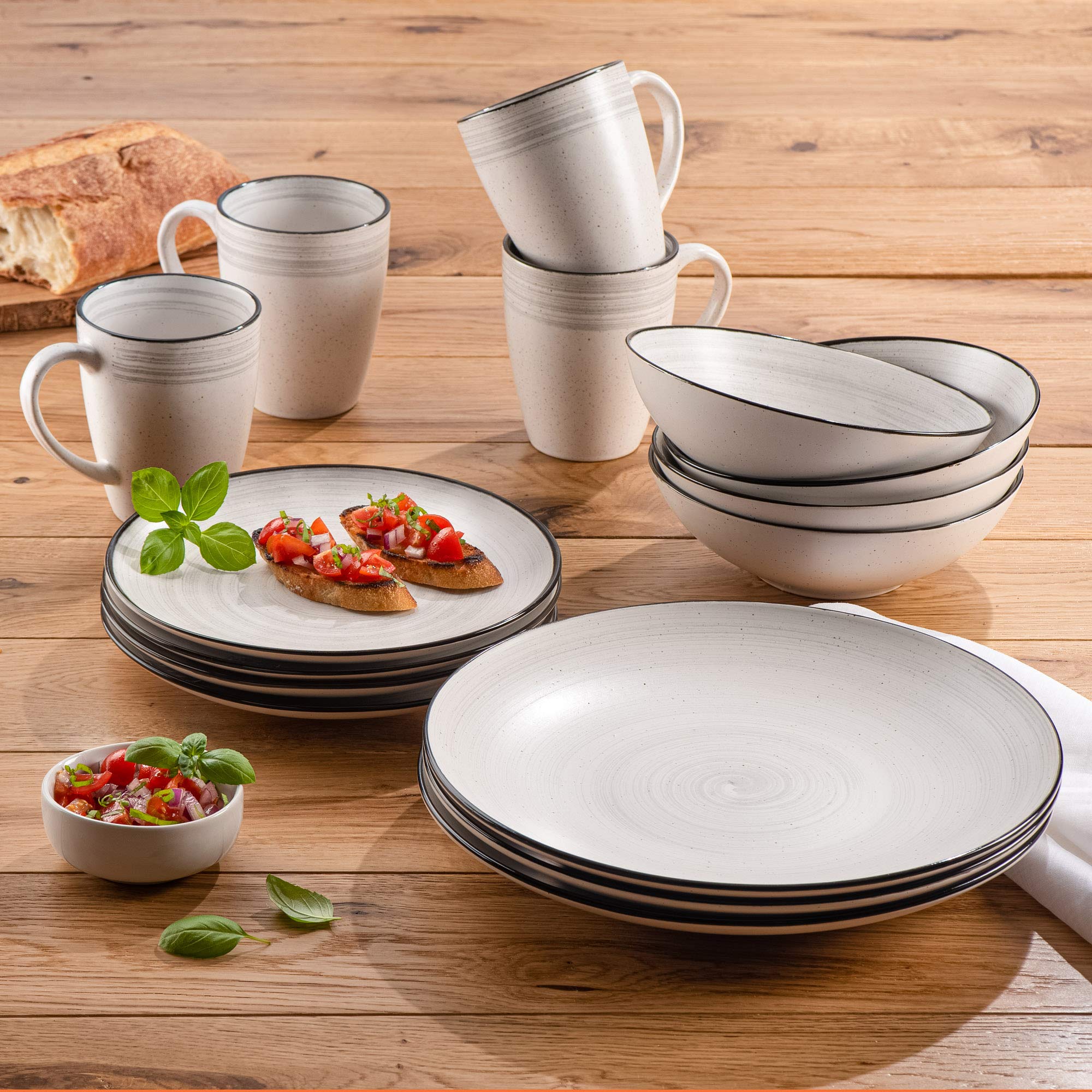Elle Décor Whitestone Casual Round Dinnerware Set – 16-Piece Stoneware Dinner Party Collection with 4 Dinner Plates, 4 Salad Plates, 4 Bowls & 4 Mugs – Elegant White Tableware for Everyday Dining & Special Occasions – Perfect Gift for Housewarming, Weddings & Holidays (10.5