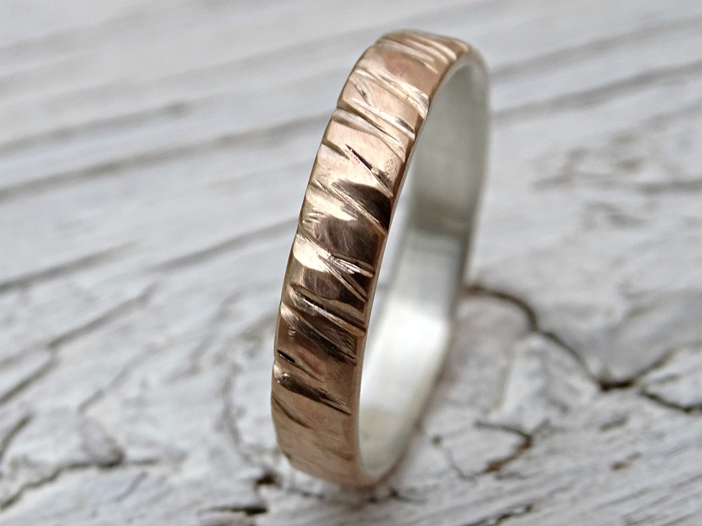 Men's Bronze Wedding Band with Tree Bark Texture - Mixed Metal Bronze & Silver Ring for Men, Anniversary Gift for Him, Perfect for Everyday Wear and Special Occasions