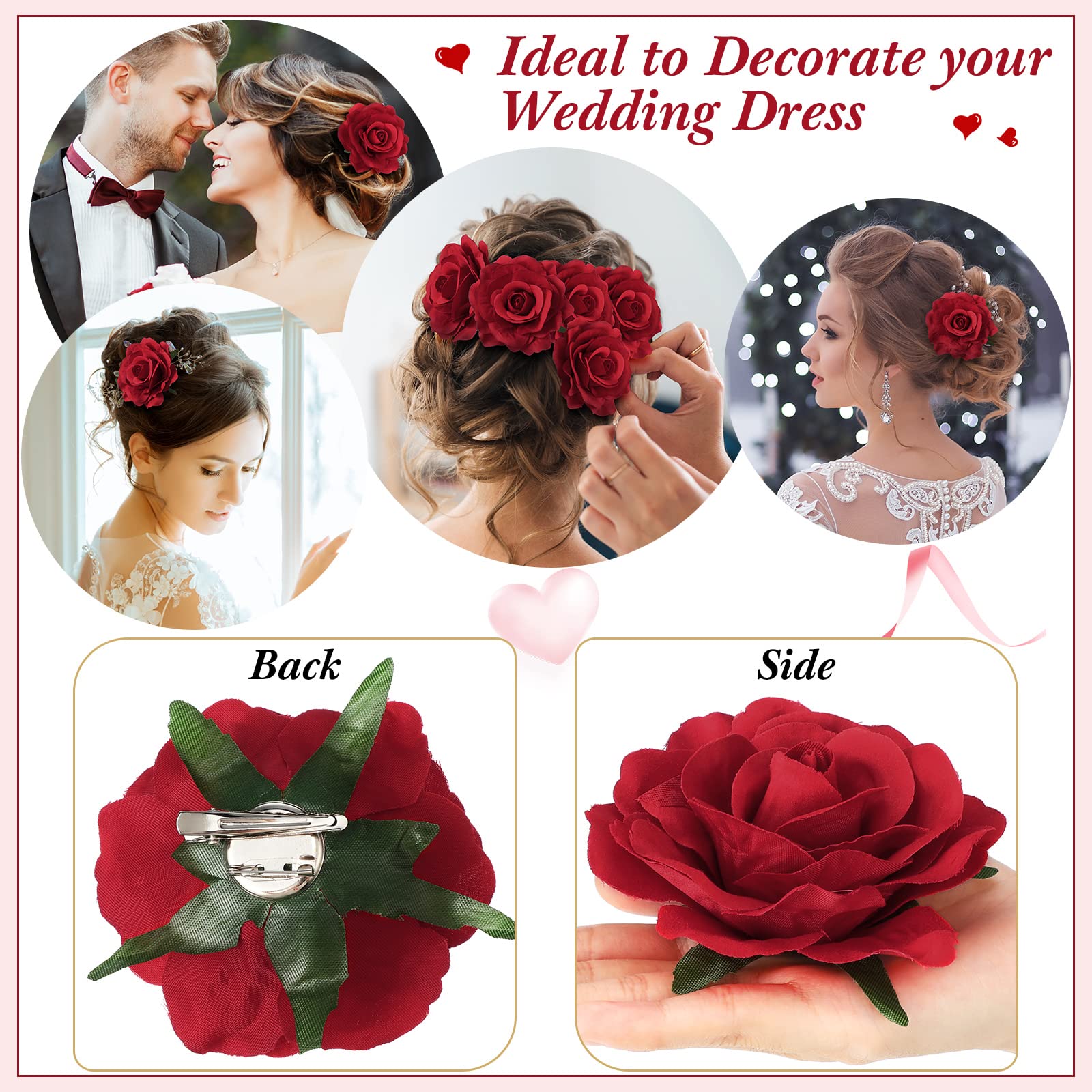 Waydress 30 Packs Red Rose Hair Clips - 4 Inch Floral Hairpins for Bridal, Wedding, Prom & Party Hair Accessories - Perfect for Bridesmaids, Flower Girls & Special Occasions
