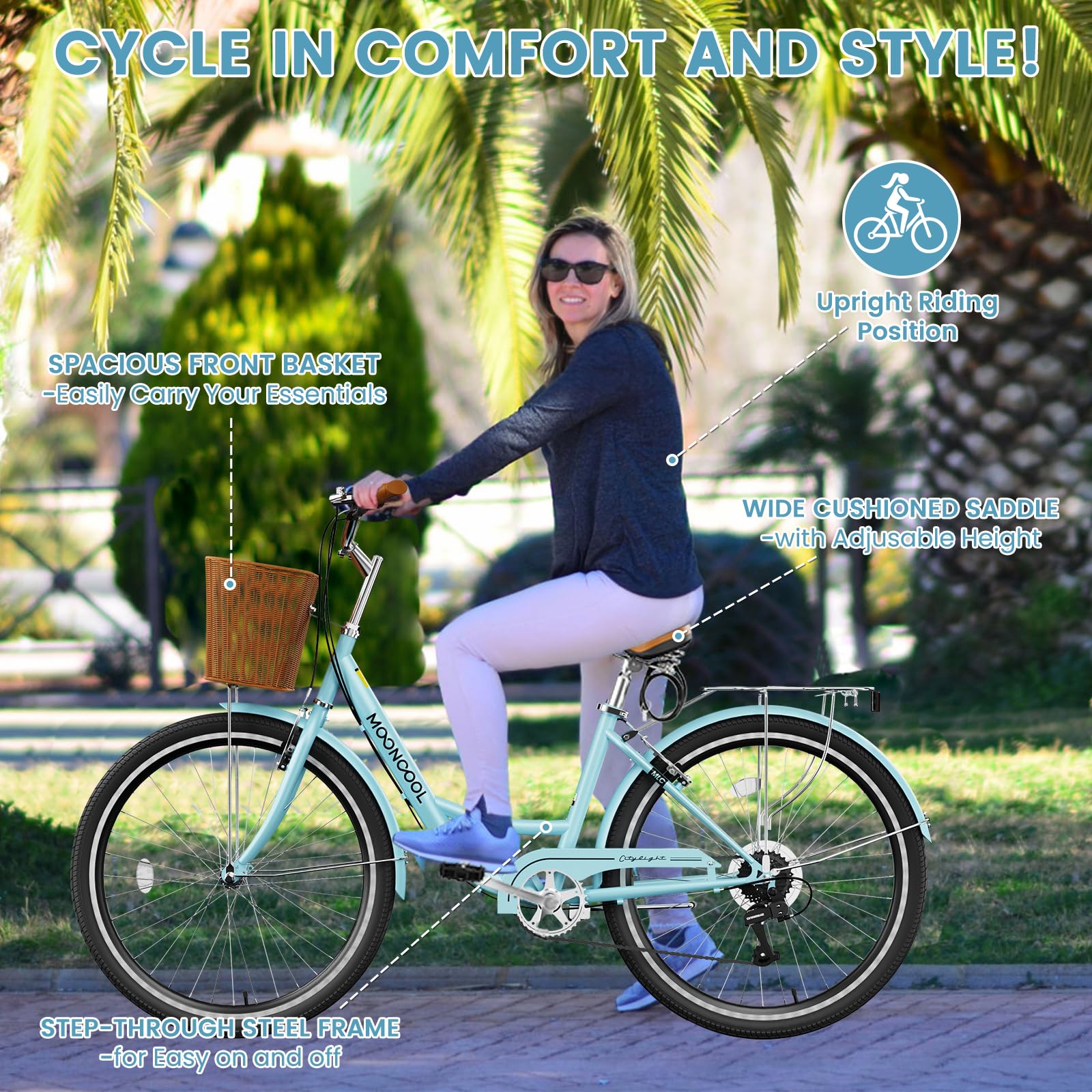 24/26 Inch Women's 7-Speed Cruiser Bike with Basket & Lock - Lightweight City Commuter Bicycle for Ladies - Perfect for Beach Rides, Urban Commuting & Leisure Cycling