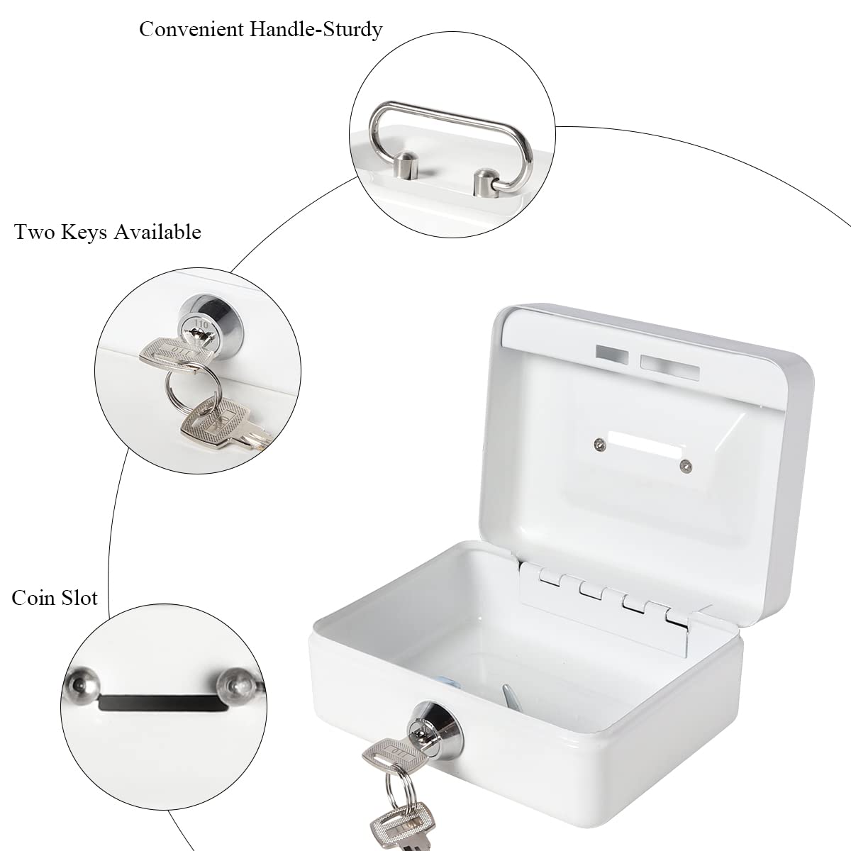 Jssmst Small Lock Cash Box with Key Lock & Money Slot - Secure Money Box for Kids, Home, Office & Retail Use - Durable White Locking Storage Box for Cash, Coins & Valuables