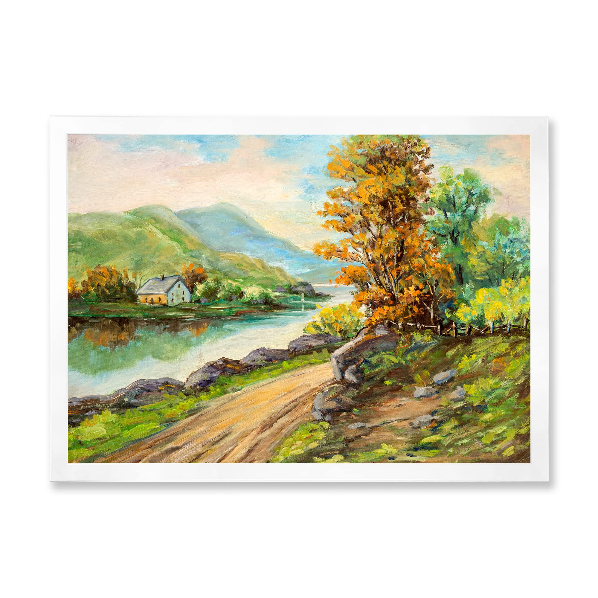 Rural Road By The River Landscape Painting - Traditional Framed Wall Art Decor for Living Room, Bedroom & Office | Nature Scenery Canvas Print