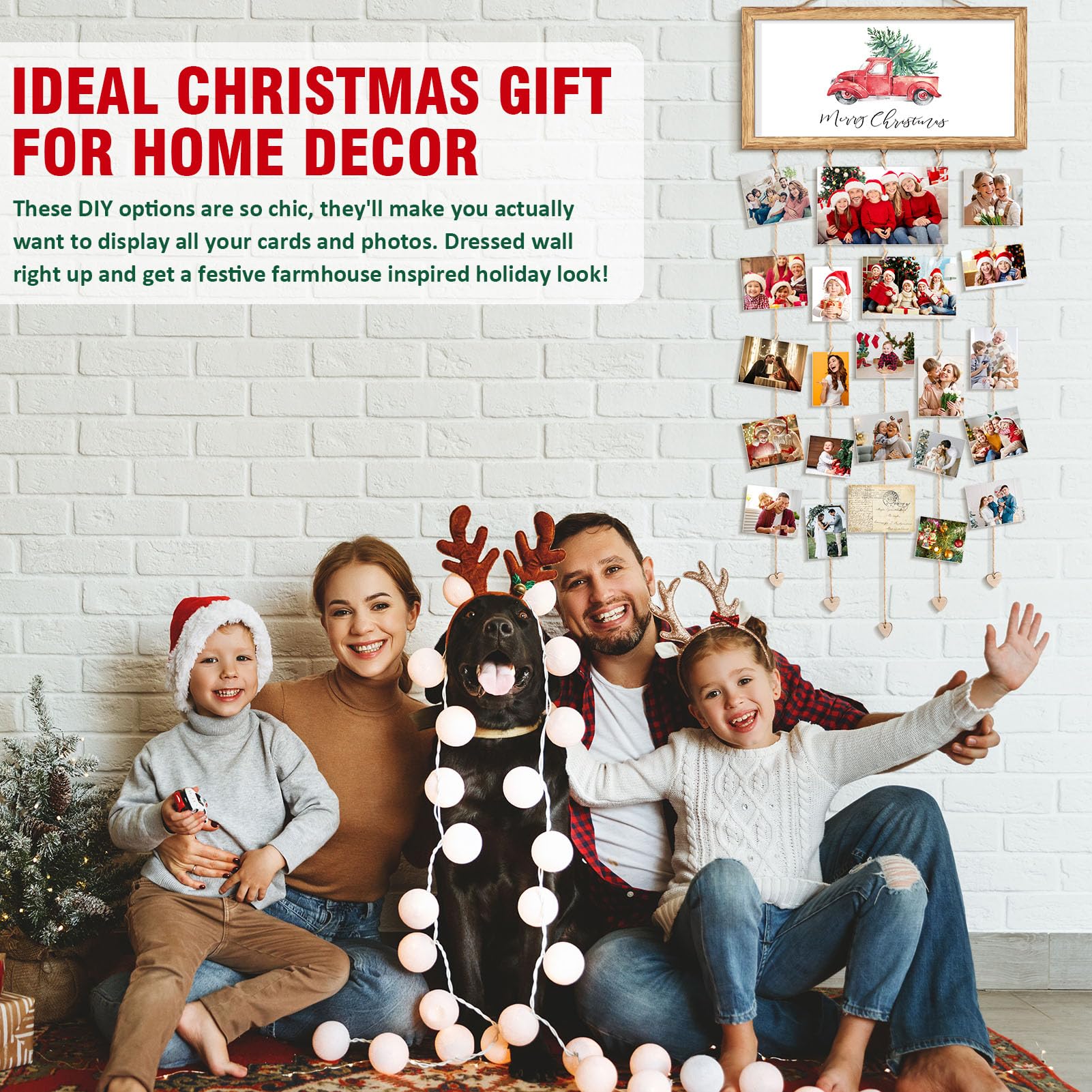Wooden Christmas Card Holder Display - Wall Hanging Photo Clip Organizer for Holiday Greeting Cards | Merry Christmas Sign & Family Wall Decor | Perfect for Living Room, Bedroom, Entryway Decorations | Great Gift Idea for Christmas