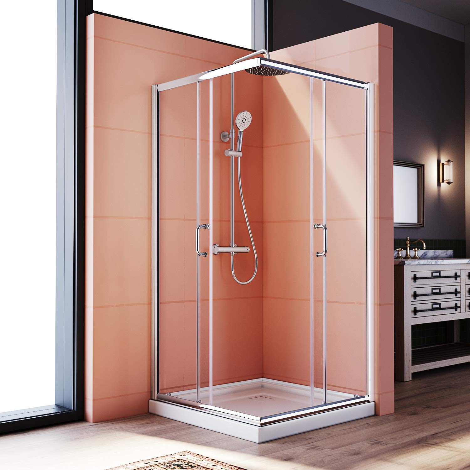 Elegant 34x34x72 Inch Corner Shower Enclosure with Double Sliding Doors & 2 Stationary Panels - 1/4