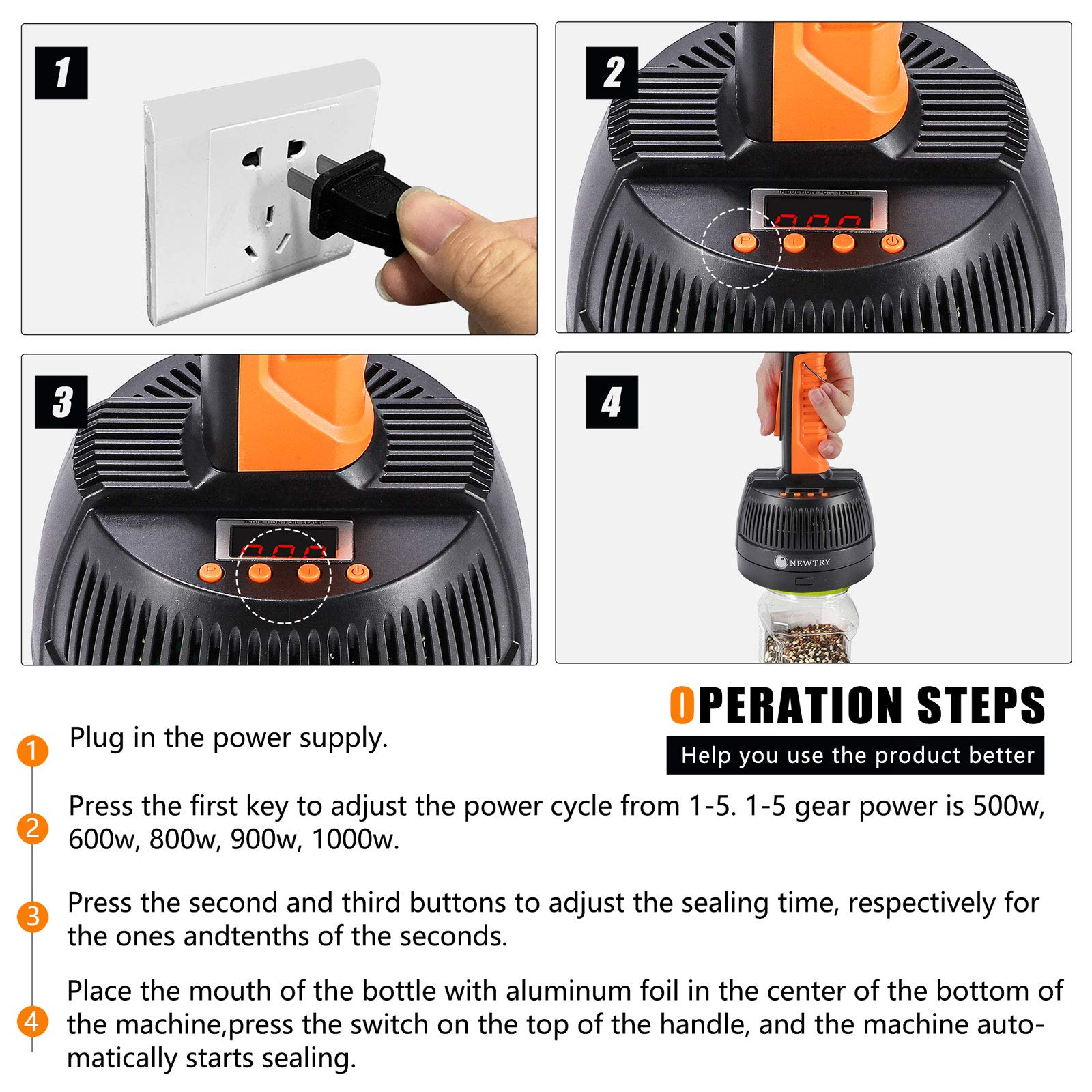 NEWTRY Handheld Induction Sealer Machine 20-80mm Adjustable Power & Time - 110V Bottle Cap Sealer for Plastic & Glass Containers - Perfect for Home Brewing, DIY Projects & Small Business Packaging