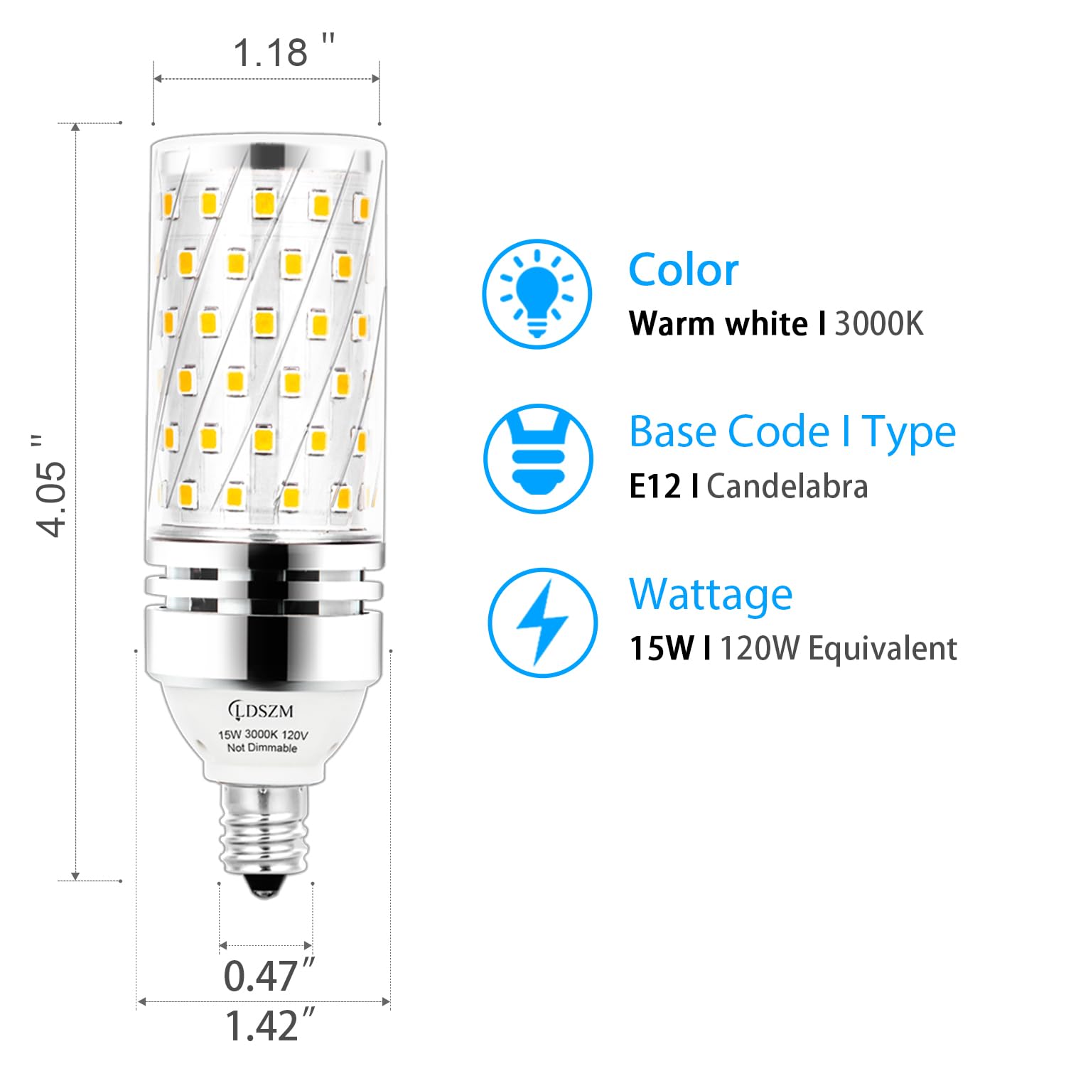 15W E12 LED Bulb - 120 Watt Equivalent, 1200lm, CRI 85+, Warm White 3000K, Non-Dimmable Candelabra Light Bulbs (3 Pack) - Perfect for Chandeliers, Ceiling Fans, and Decorative Lighting
