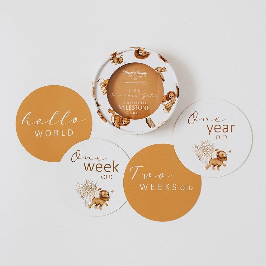 Snuggle Hunny Reversible Milestone Baby Photo Cards - Lion & Sunrise Gold Design for Newborn Photography, Baby Shower Gifts and First Year Memory Keepsakes