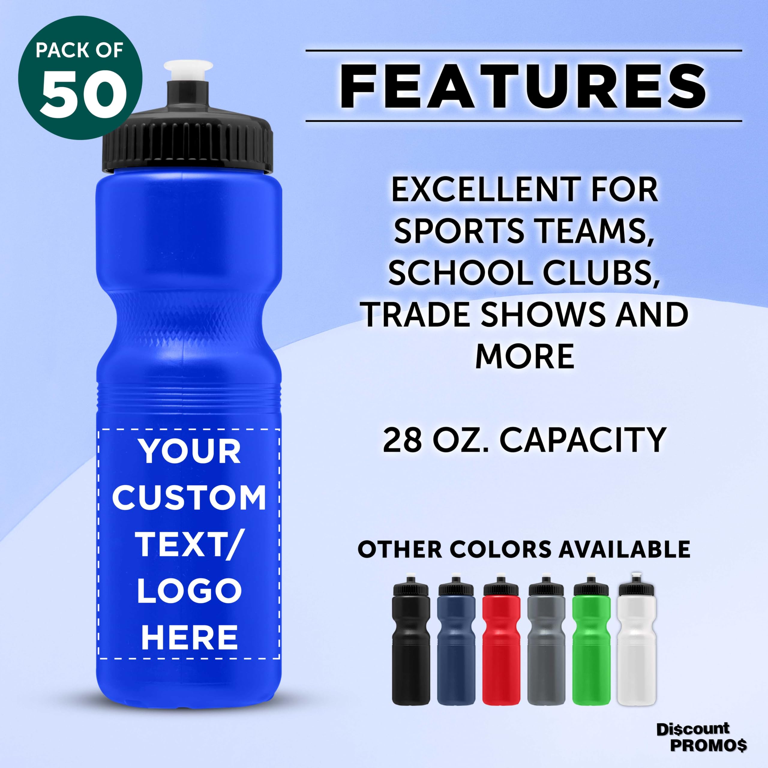 28 oz. Custom Push Cap Plastic Water Bottles - Bulk Pack of 50 - Personalized Water Bottles for Gym, Hiking, Camping & Outdoor Sports - Reflex Blue - Ideal for Team Events, Corporate Gifts & Promotional Giveaways