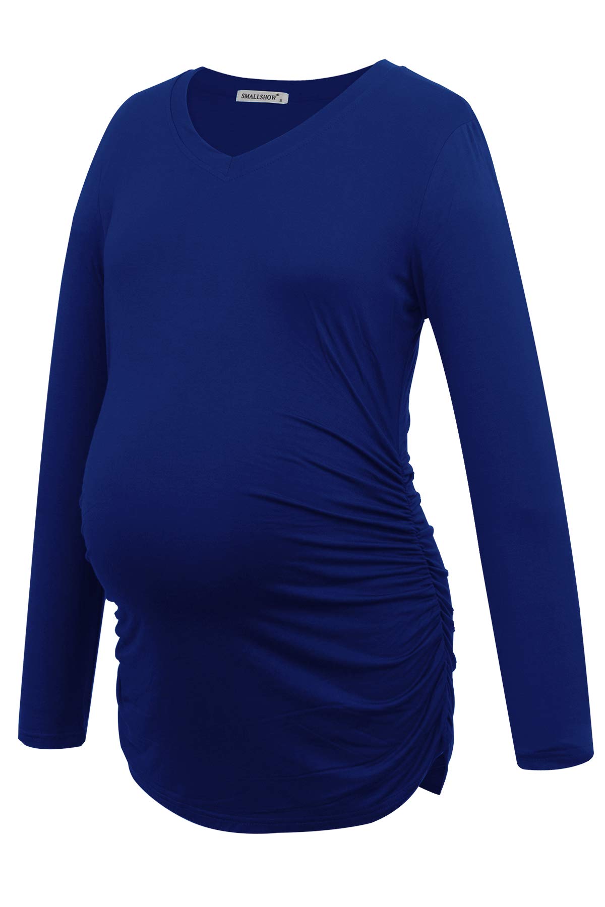 Smallshow Women's V-Neck Maternity Shirt - Long Sleeve Ruched Pregnancy Top for Work & Casual Wear | Comfortable Nursing & Maternity Clothes for Expecting Moms